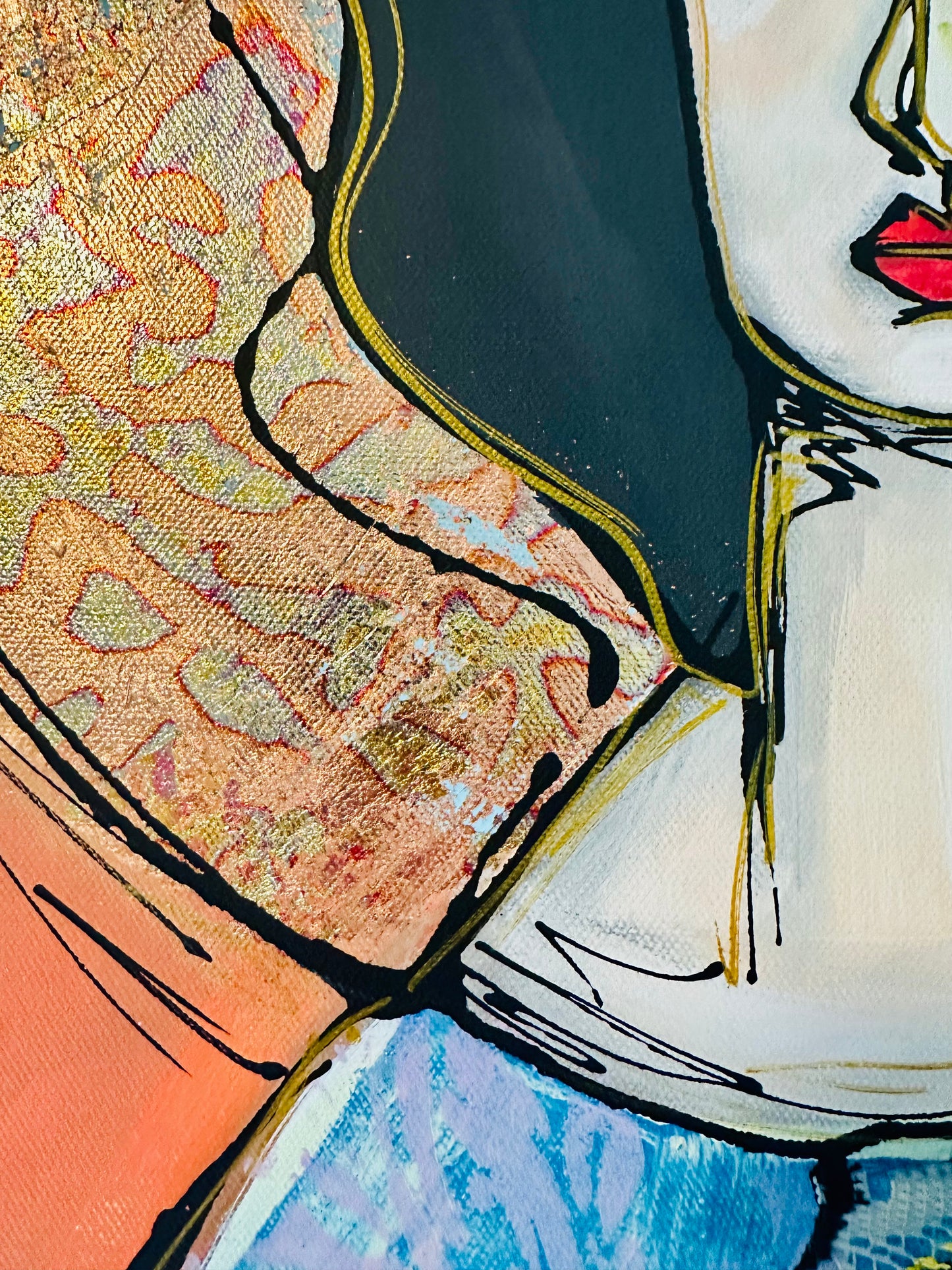 Original, signed painting-24x48”- black edge canvas: Abstract portrait w/ mixed media -“copper nimbus”