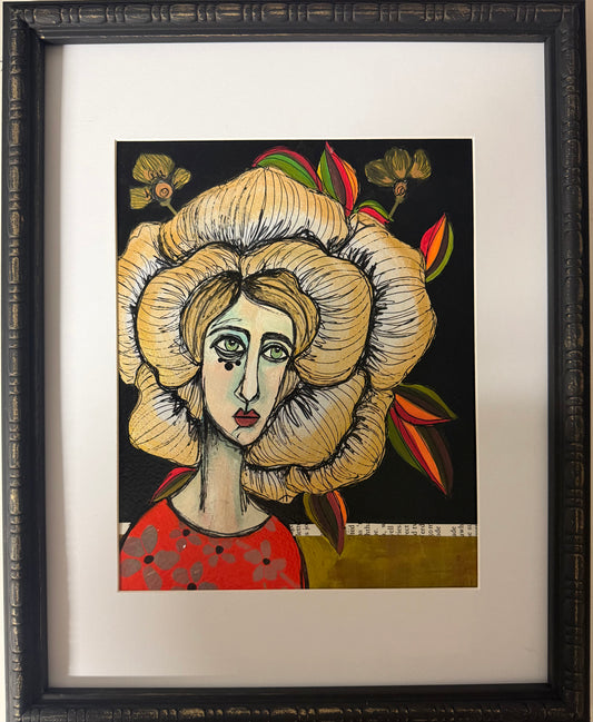 Original,signed painting/mixed media collage in black frame, 12x15” flower girl portrait.
