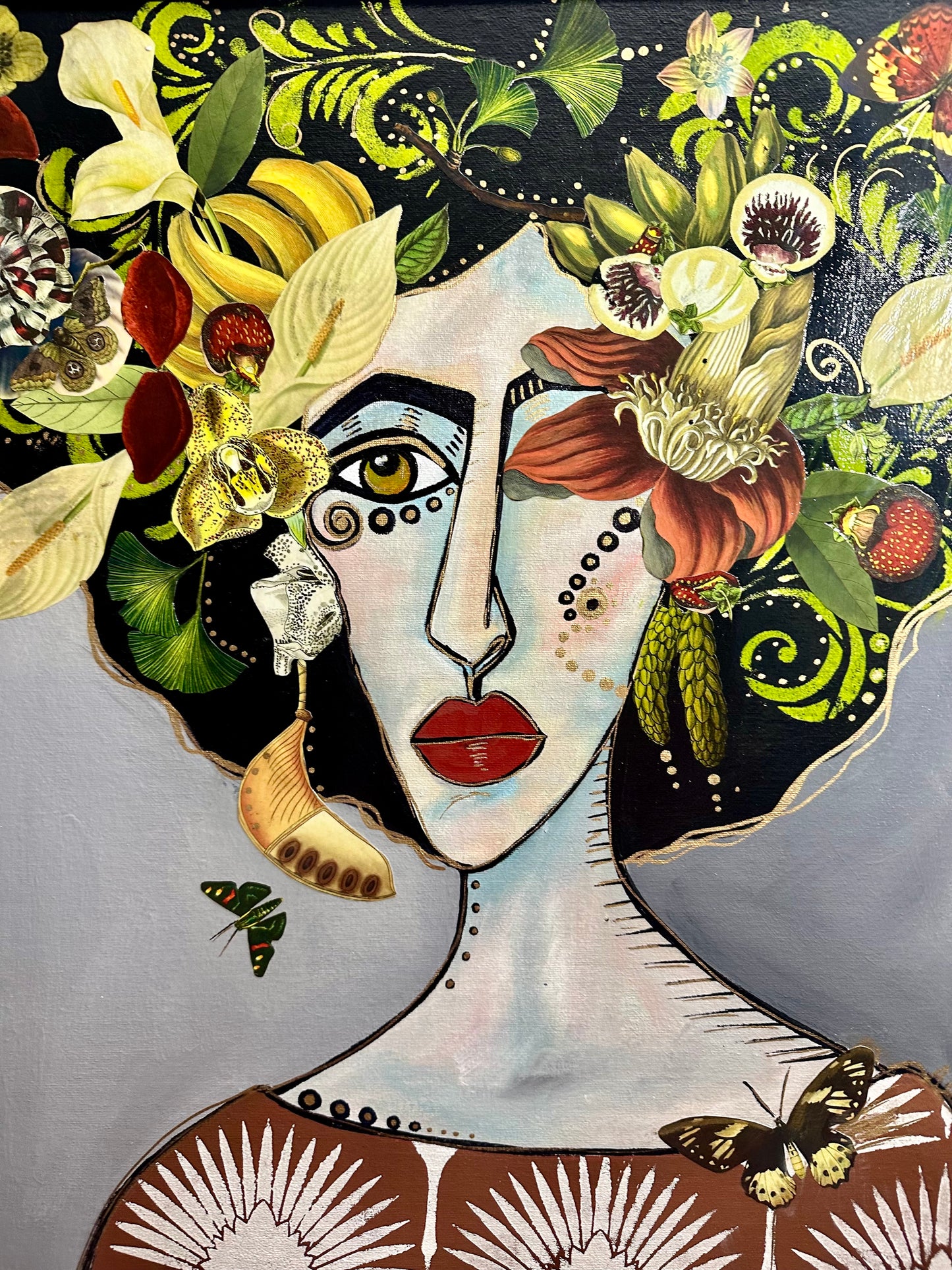 Large Original painting & mixed media on canvas board in vintage gold frame 23x27 Abstract Portrait w/ botanical collage