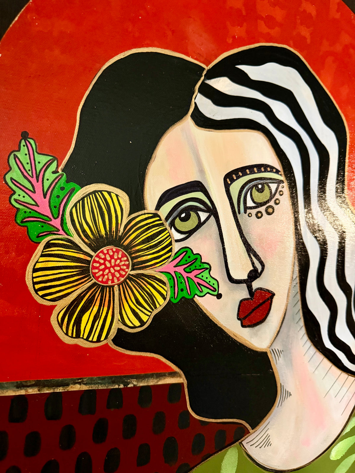 16x20 Original signed painting on arched canvas w/ gold edge. Abstract portrait