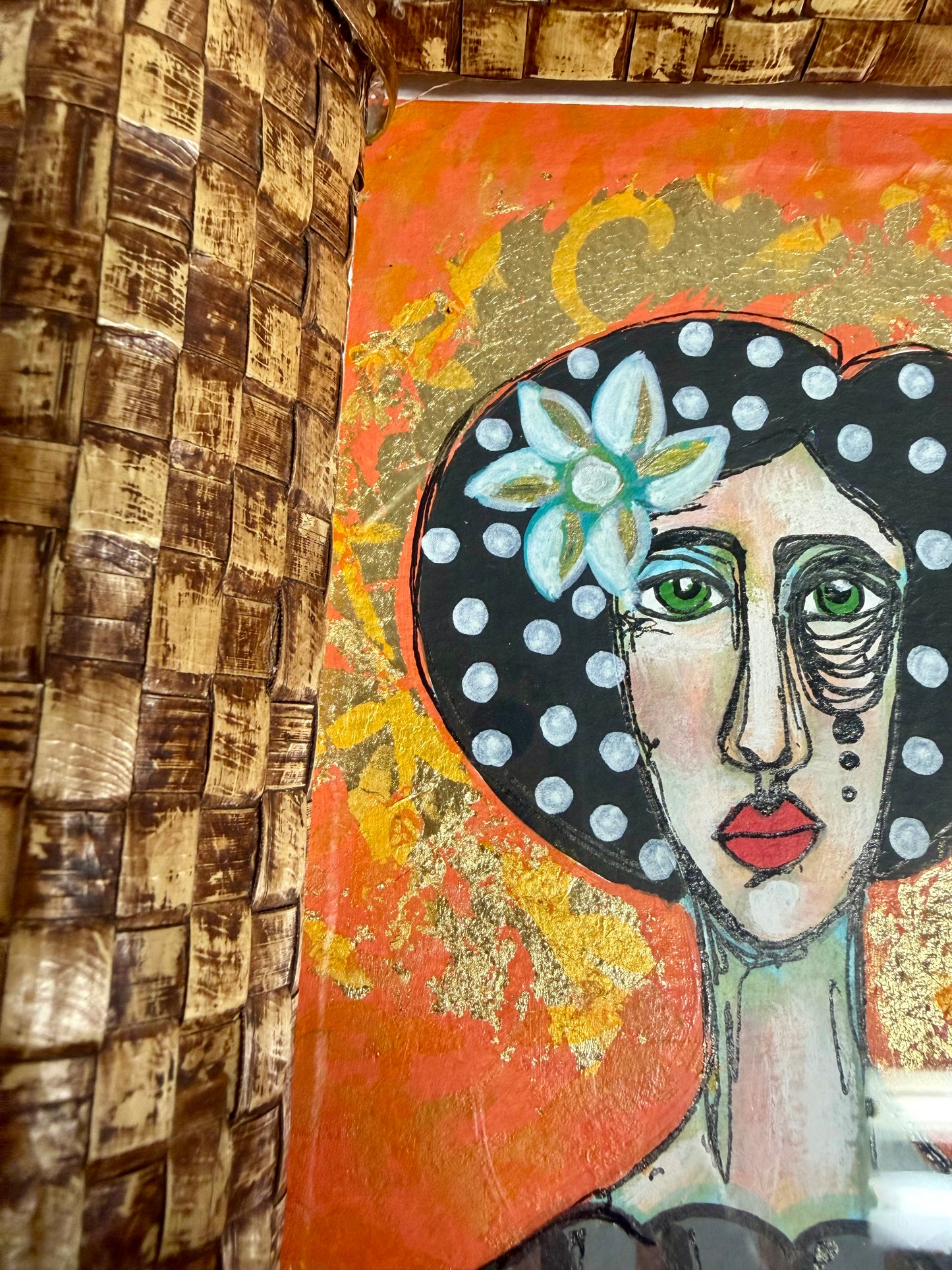 Original,signed painting/mixed media collage portrait on heavyweight archival paper in rattan frame 8x10