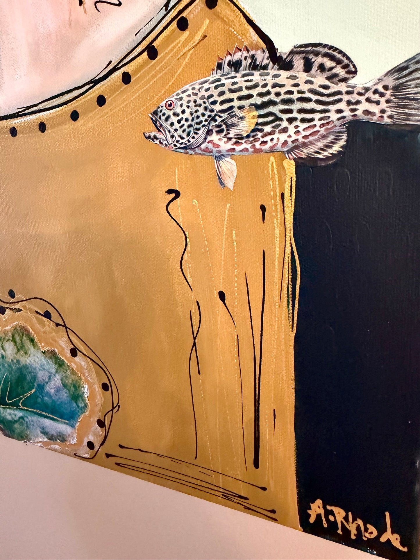 Original, signed painting-15x30”painted, wide edge canvas: Abstract portrait with mixed media collage