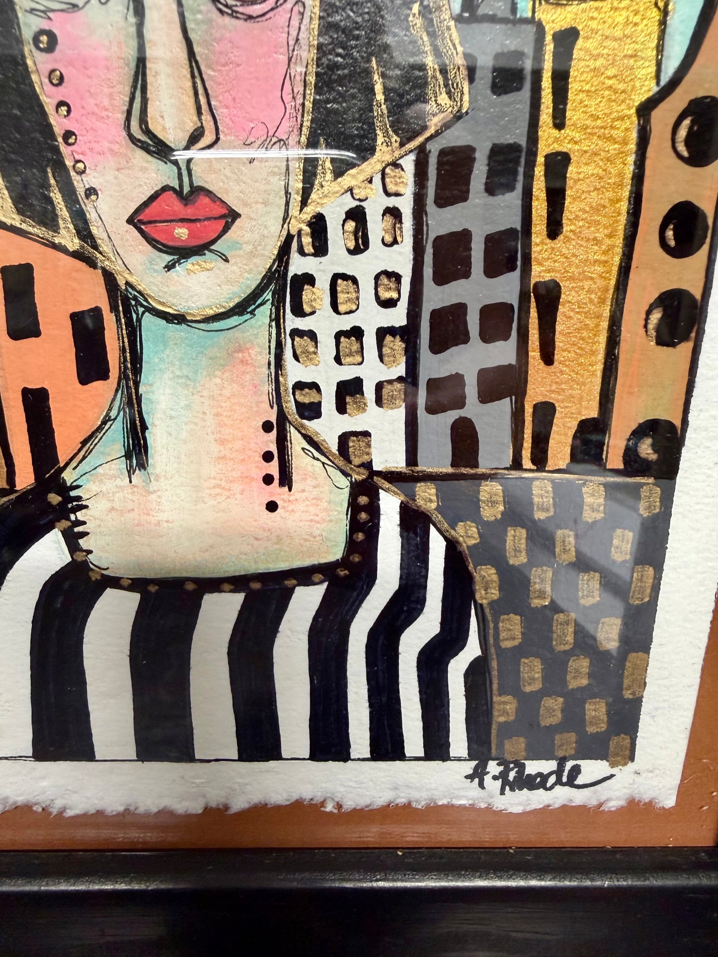 Original,signed painting/mixed media collage portrait on heavyweight archival paper/board in black frame 10.5x13