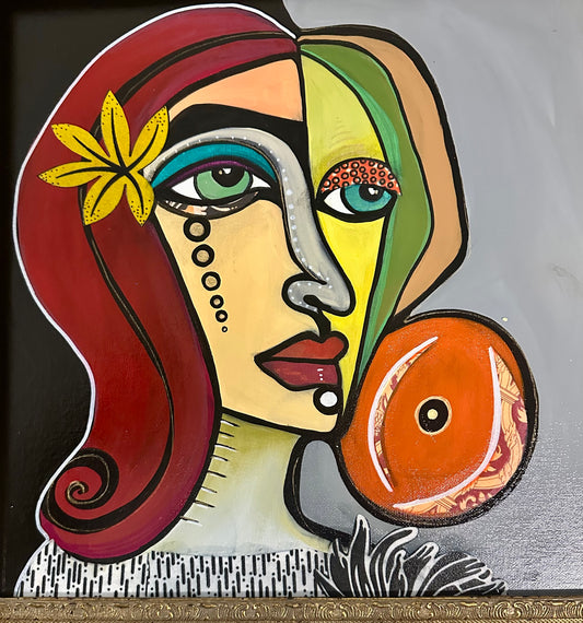 Original painting on canvas board - gold frame 22x22” Abstract Portrait w/mixed media collage