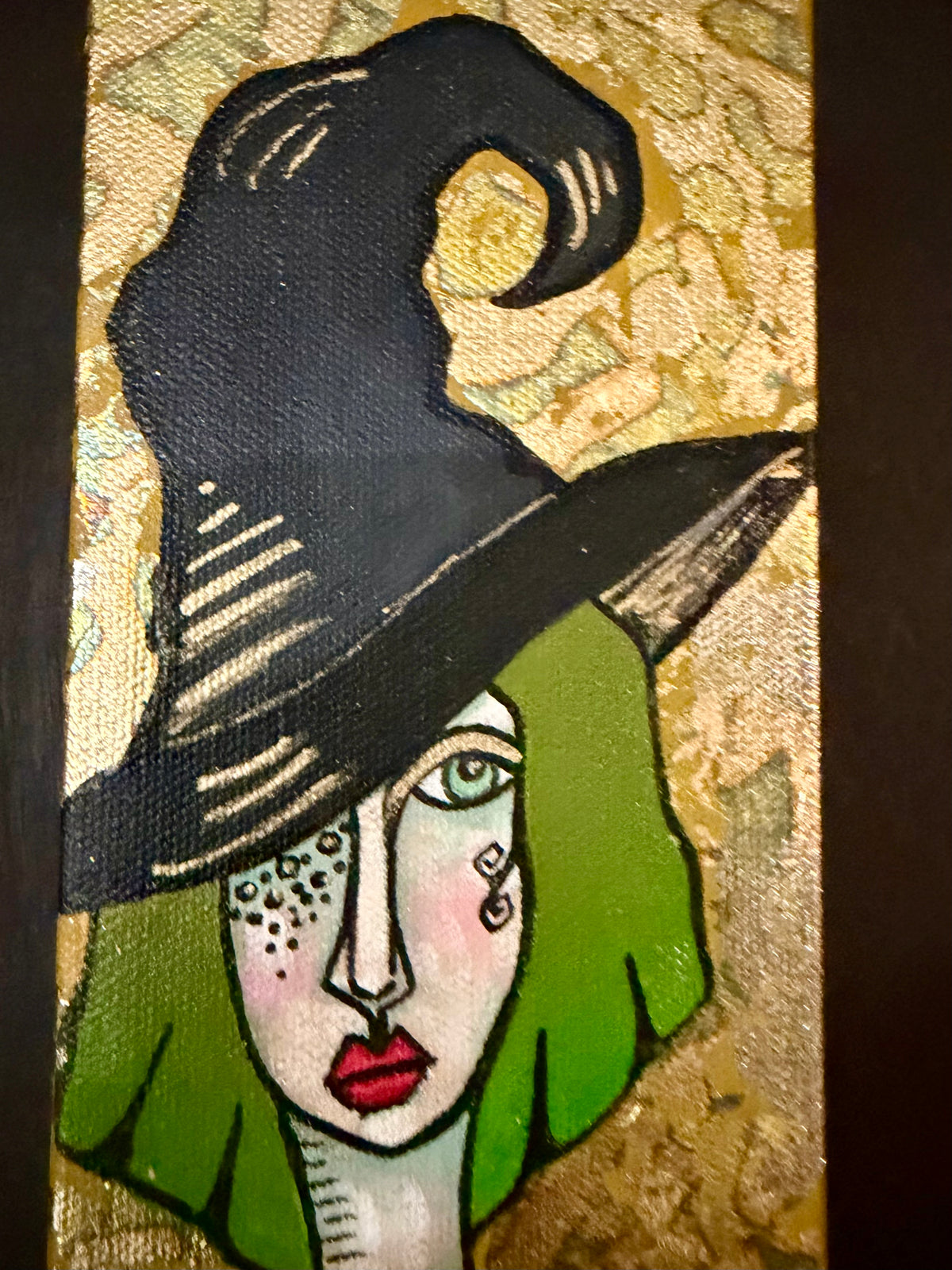 Original, signed mini /slender painting on canvas  Abstract portrait w/mixed media 4x12x1.5”