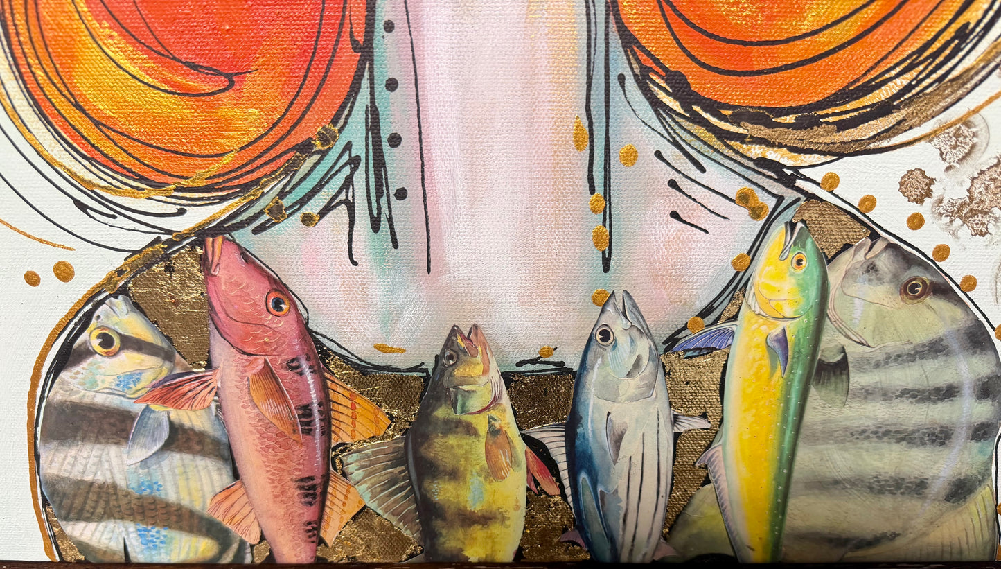 Original, signed painting-20x24”painted, wide edge canvas: “Upstream” Abstract portrait with mixed media collage