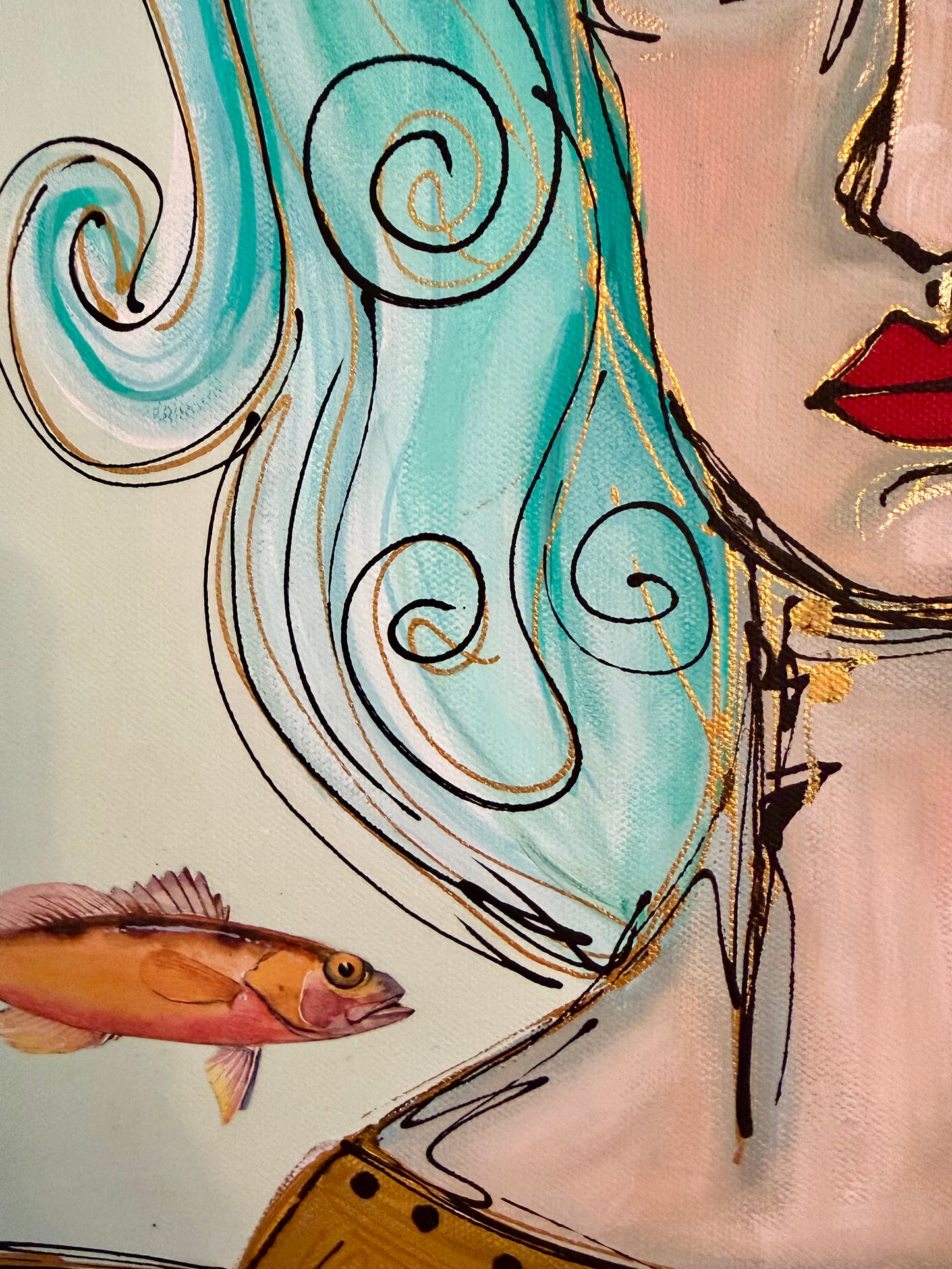 Original, signed painting-15x30”painted, wide edge canvas: Abstract portrait with mixed media collage