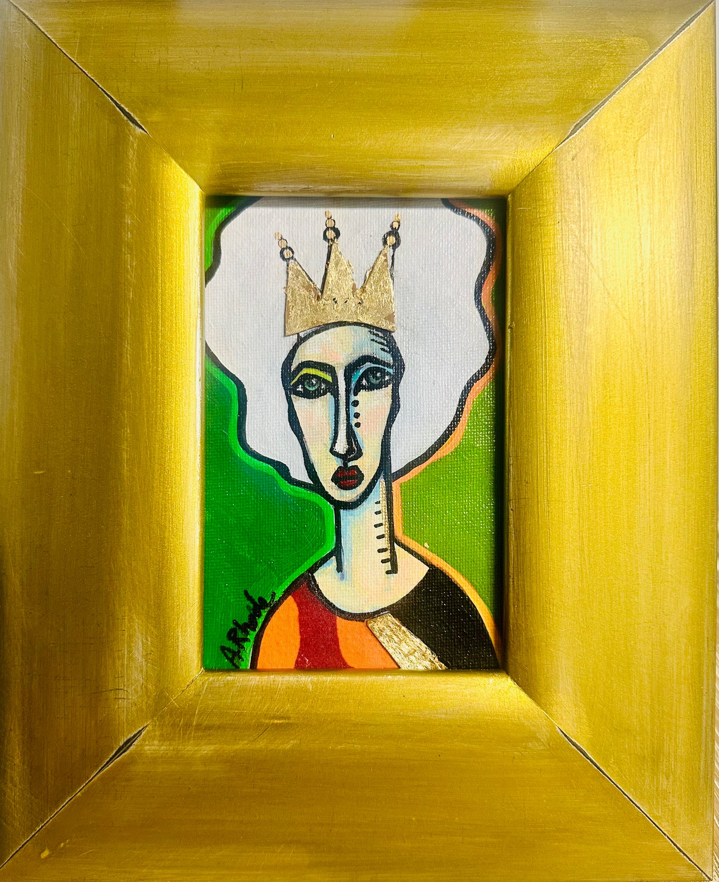 Original mini painting on canvas in gold frame, 9x11” Abstract portrait w/mixed media