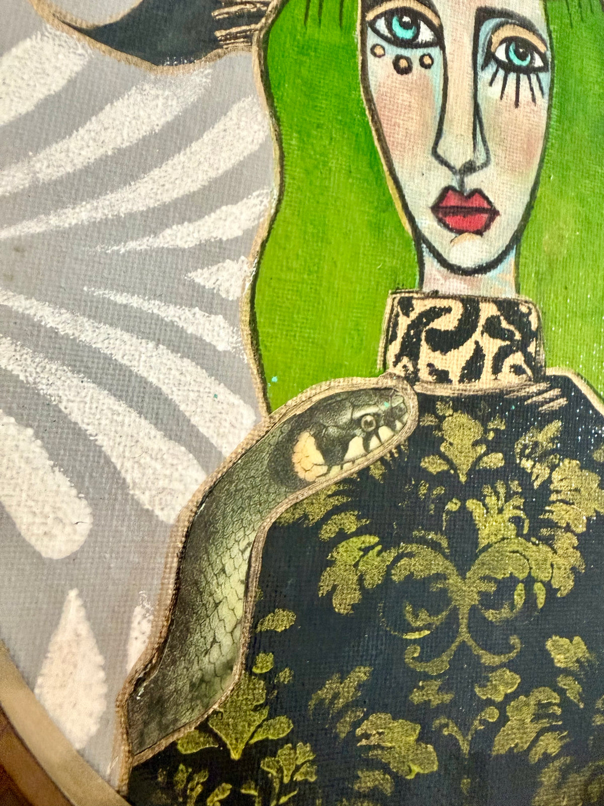 Original,signed oval Witch painting & mixed media on canvas board in gold frame11x13”