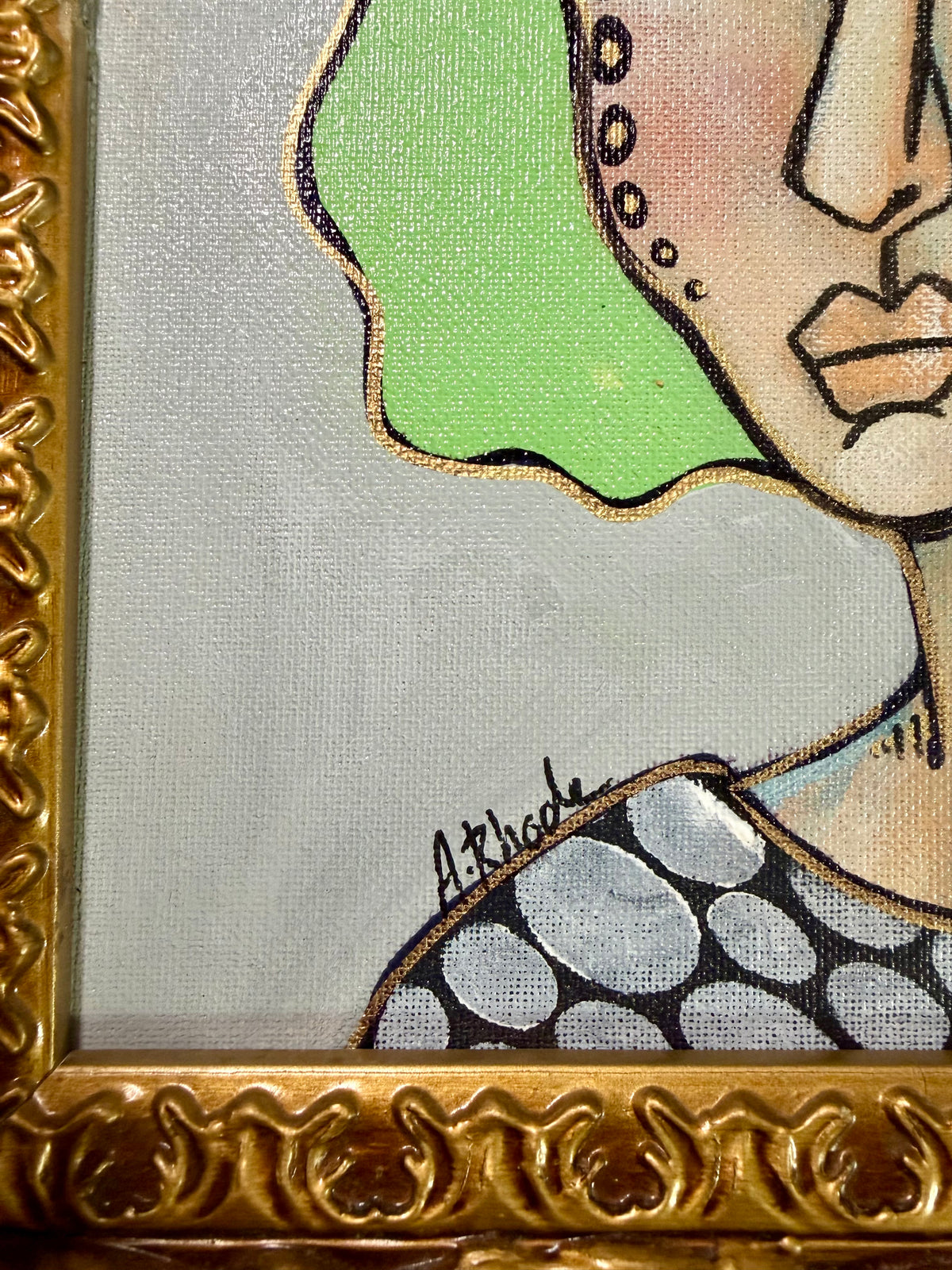 Original,signed painting-mixed media portrait on canvas board in gold frame 12x14”