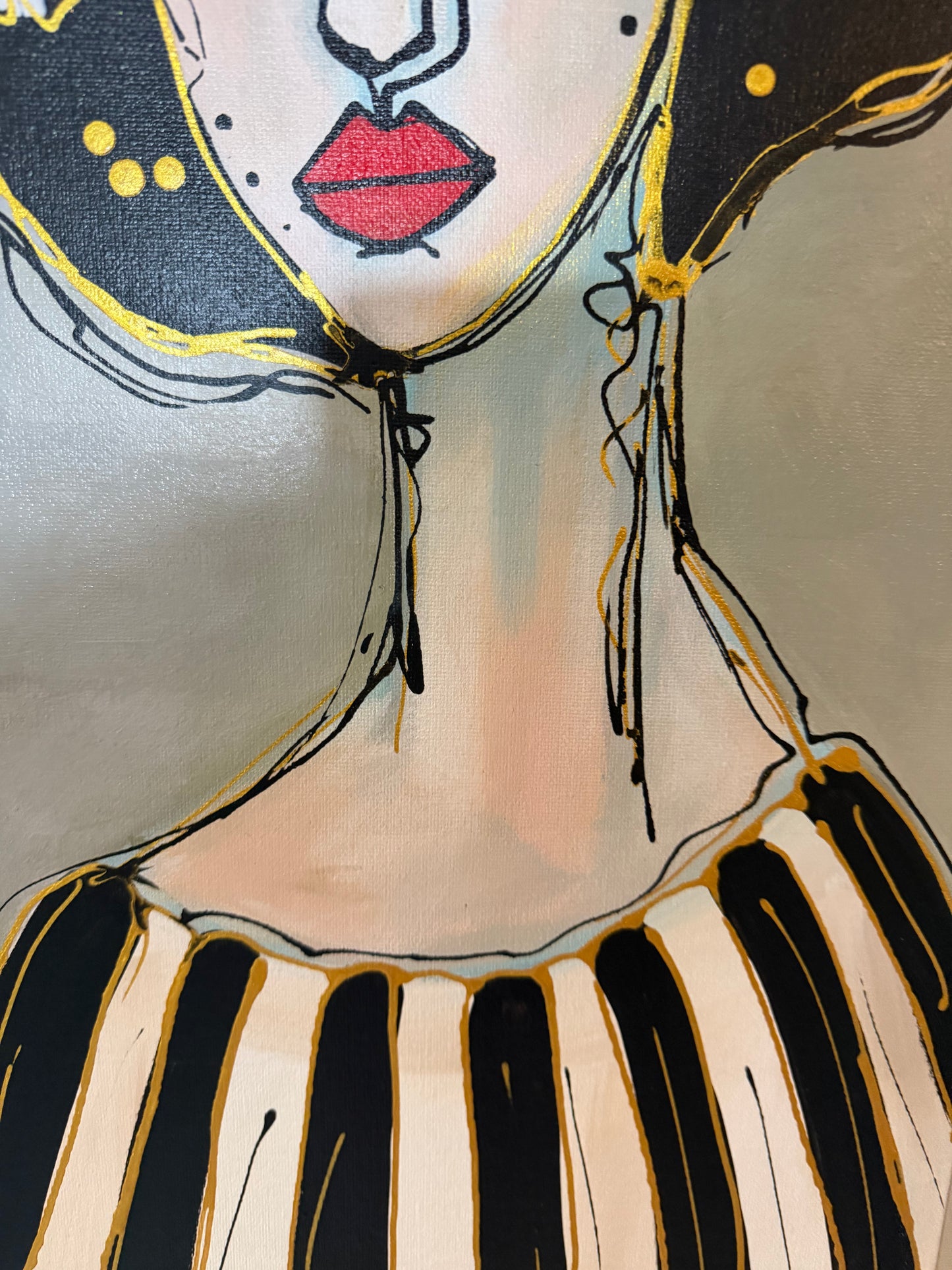 Original, signed painting-12x36” painted edge canvas: Abstract portrait with mixed media