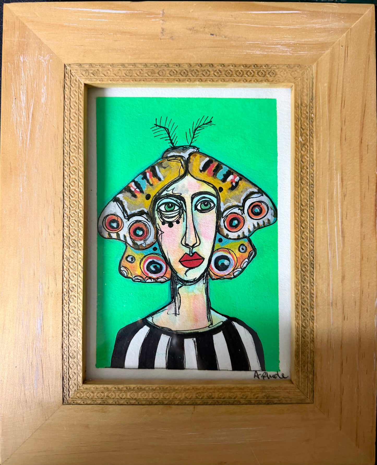 Original,signed painting & mixed media portrait on heavyweight archival paper/board in wood frame 8.5x10.5”