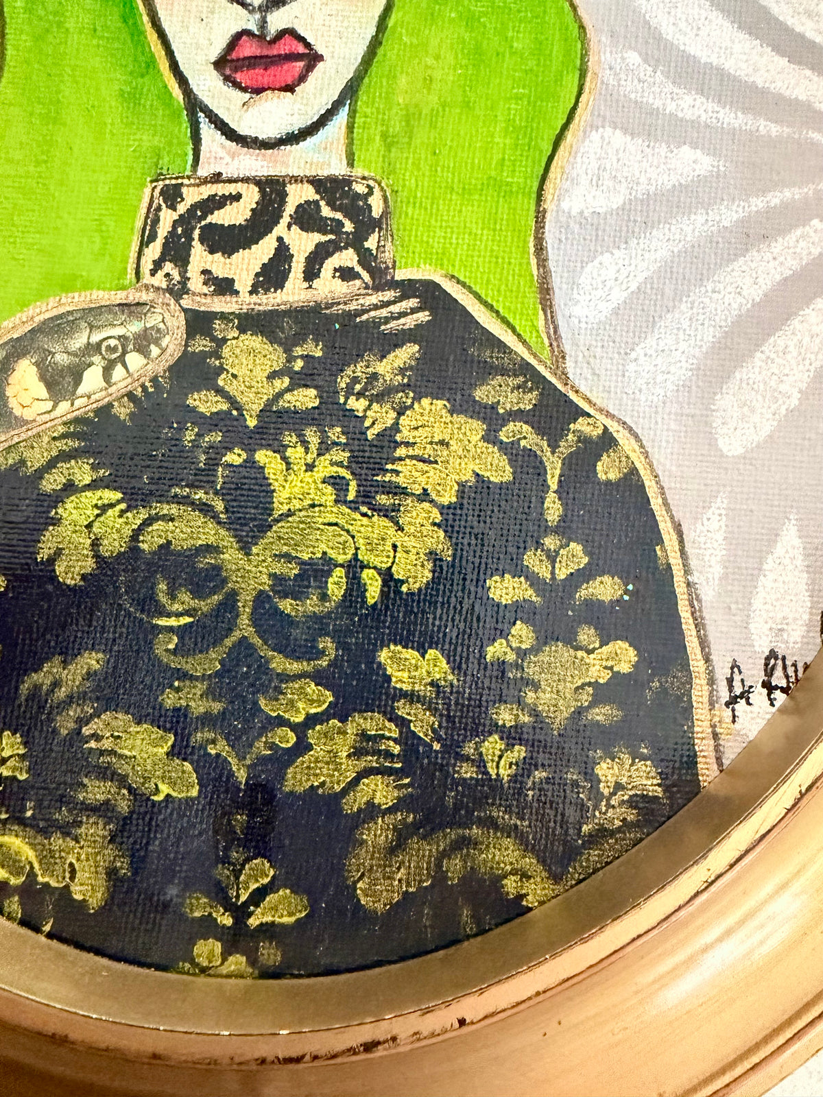 Original,signed oval Witch painting & mixed media on canvas board in gold frame11x13”