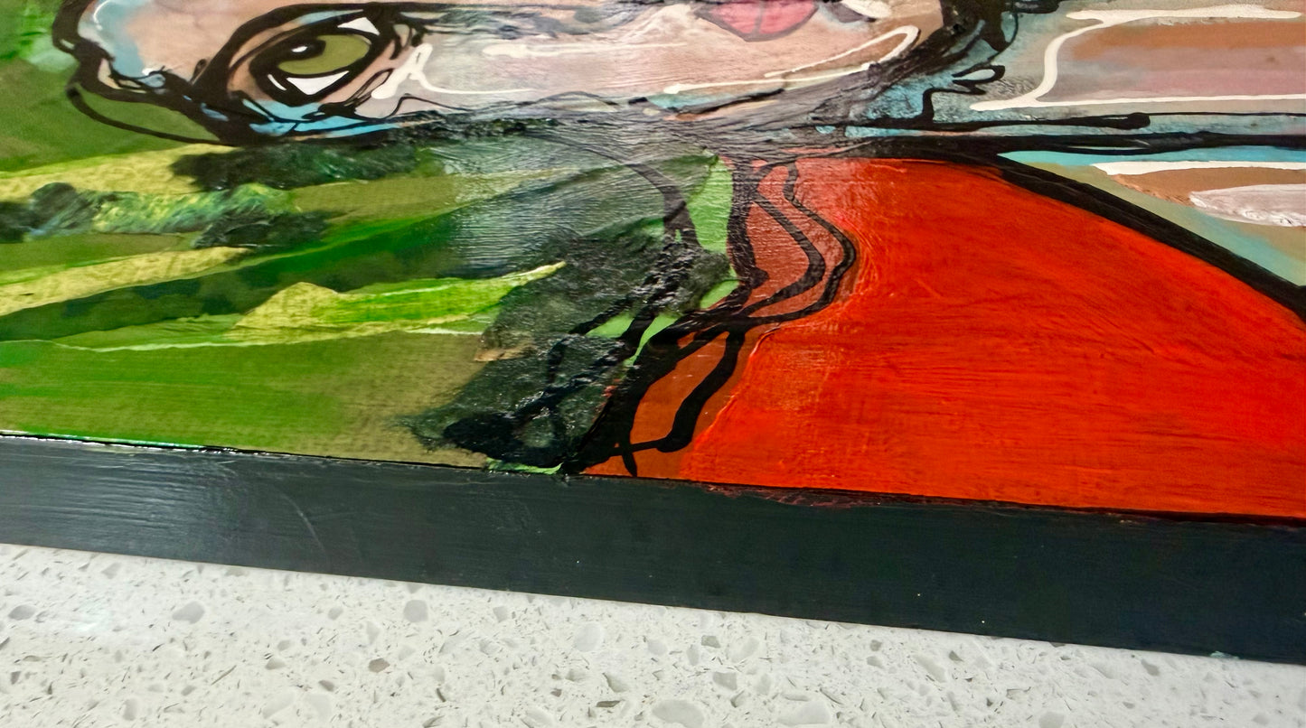 Original, signed mixed media painting/collage on box-framed wood panel. Abstract portrait w/mixed media -11x14”