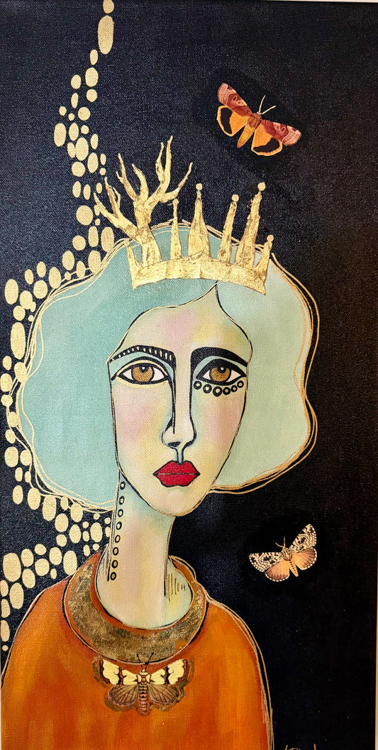 Original, signed painting-12x24” painted edge canvas: Abstract portrait w/ mixed media crown