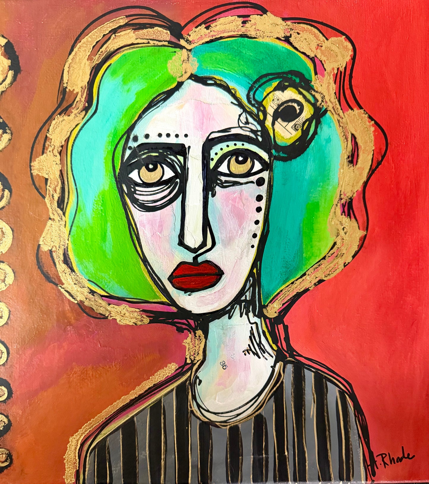 Original, signed painting on canvas  Abstract portrait w/mixed media - square 12x12”