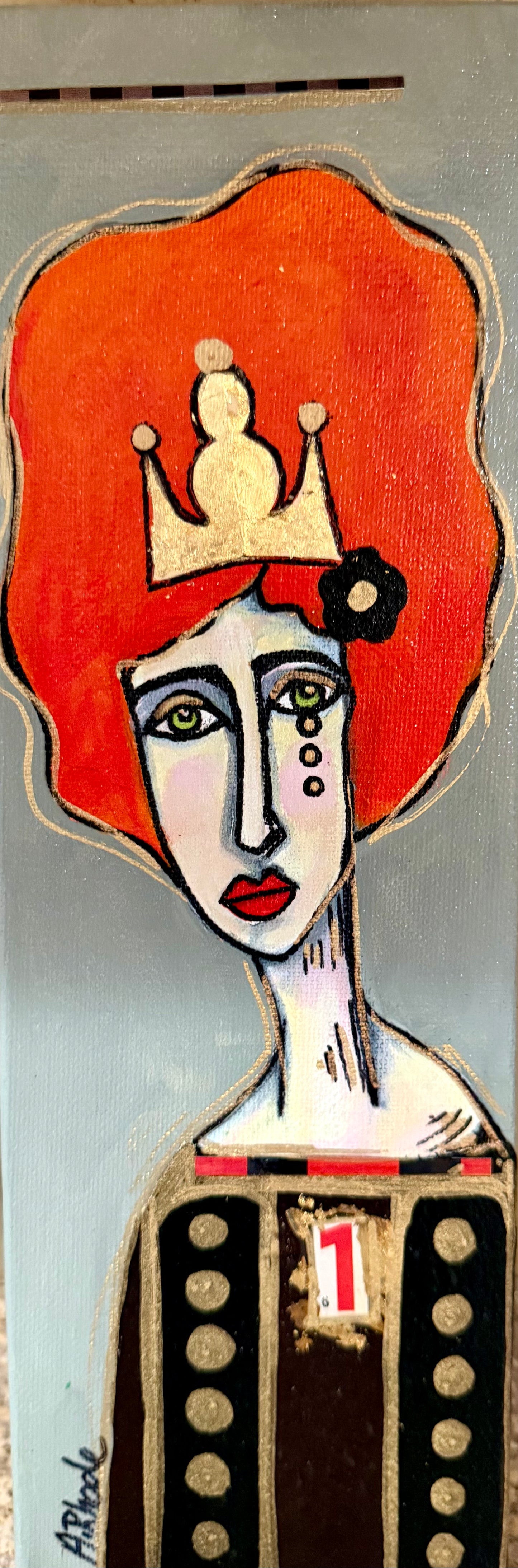 Original, signed mini /slender painting on canvas  Abstract portrait w/mixed media 4x12”