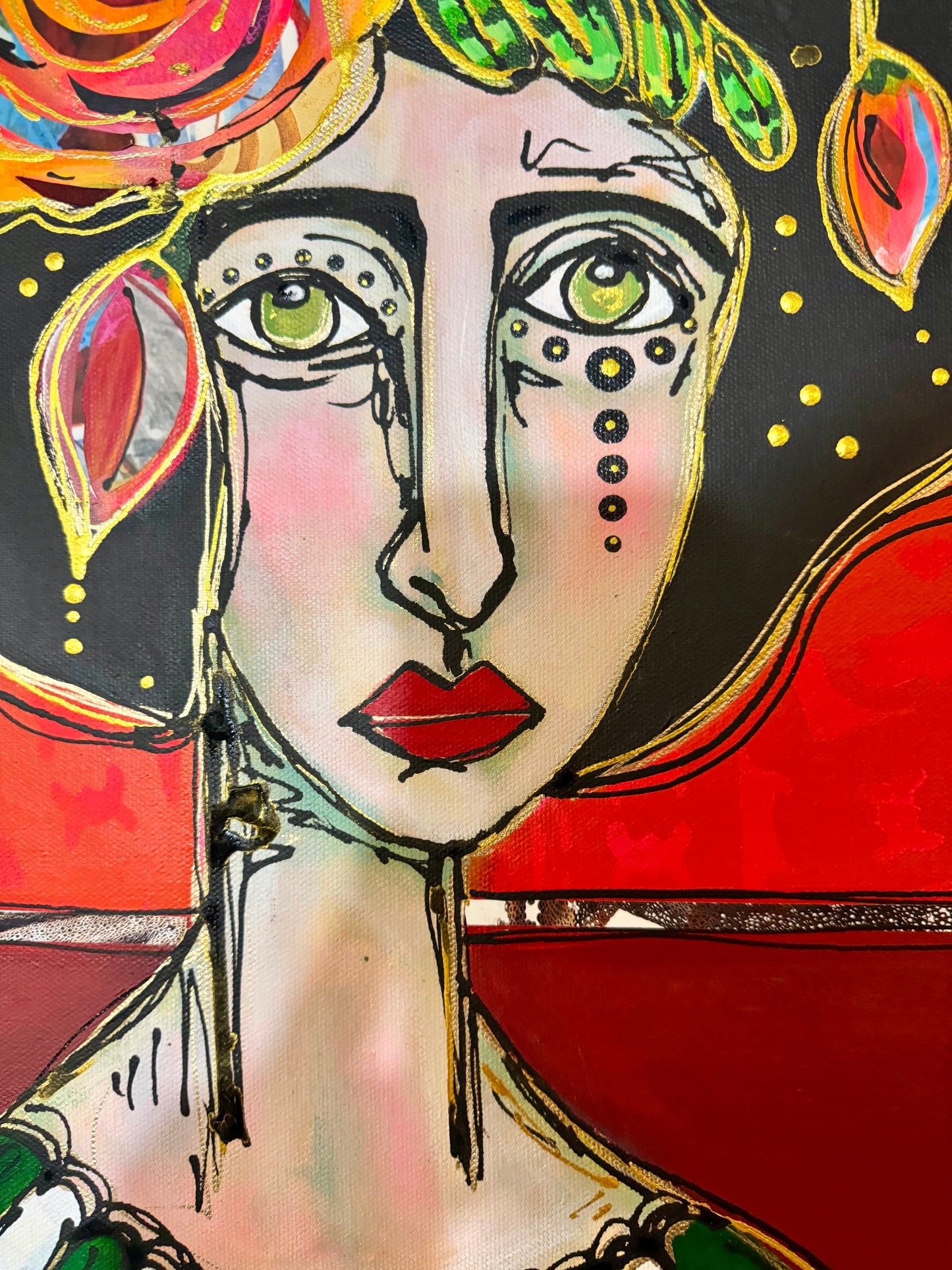 Original, signed painting-20x20”wide edge canvas: Abstract portrait with flowers/mixed media.