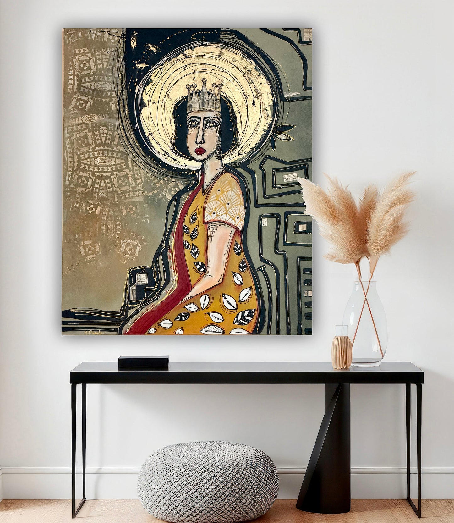 48x60” Original signed painting-wide gallery edge canvas Abstract contour queen portrait w/ mixed media