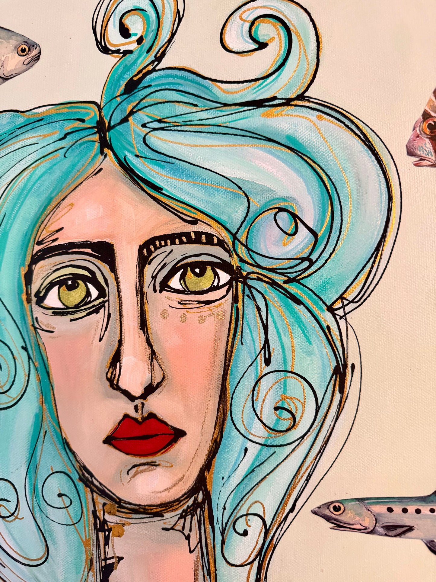 Original, signed painting-15x30”painted, wide edge canvas: Abstract portrait with mixed media collage