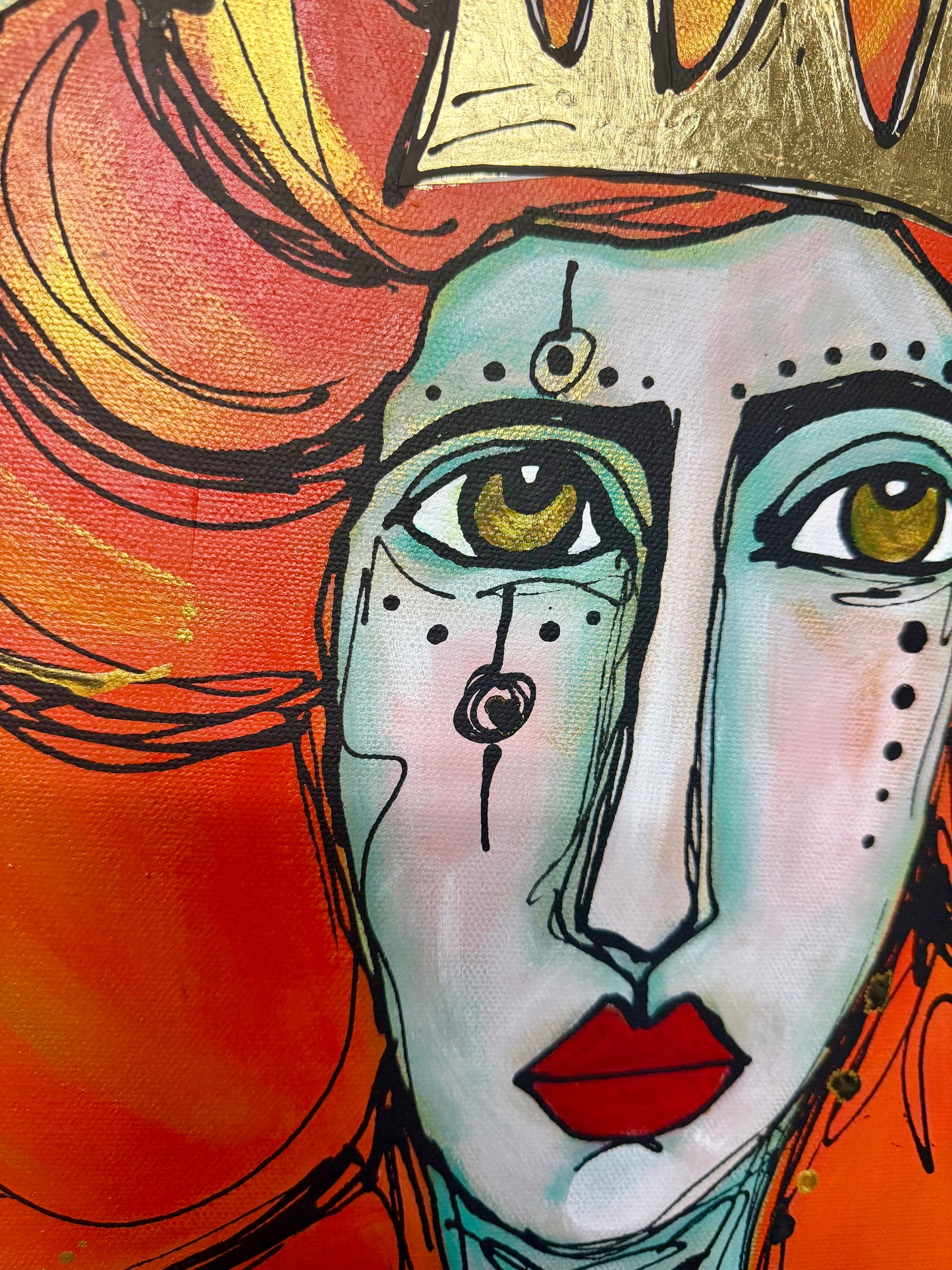 Original, signed painting-20x24”painted, wide edge canvas: “Upstream” Abstract portrait with mixed media collage