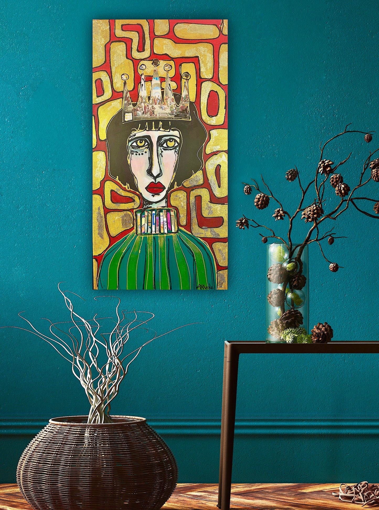 Original, signed painting-12x24” painted edge canvas: Abstract portrait w/ mixed media crown
