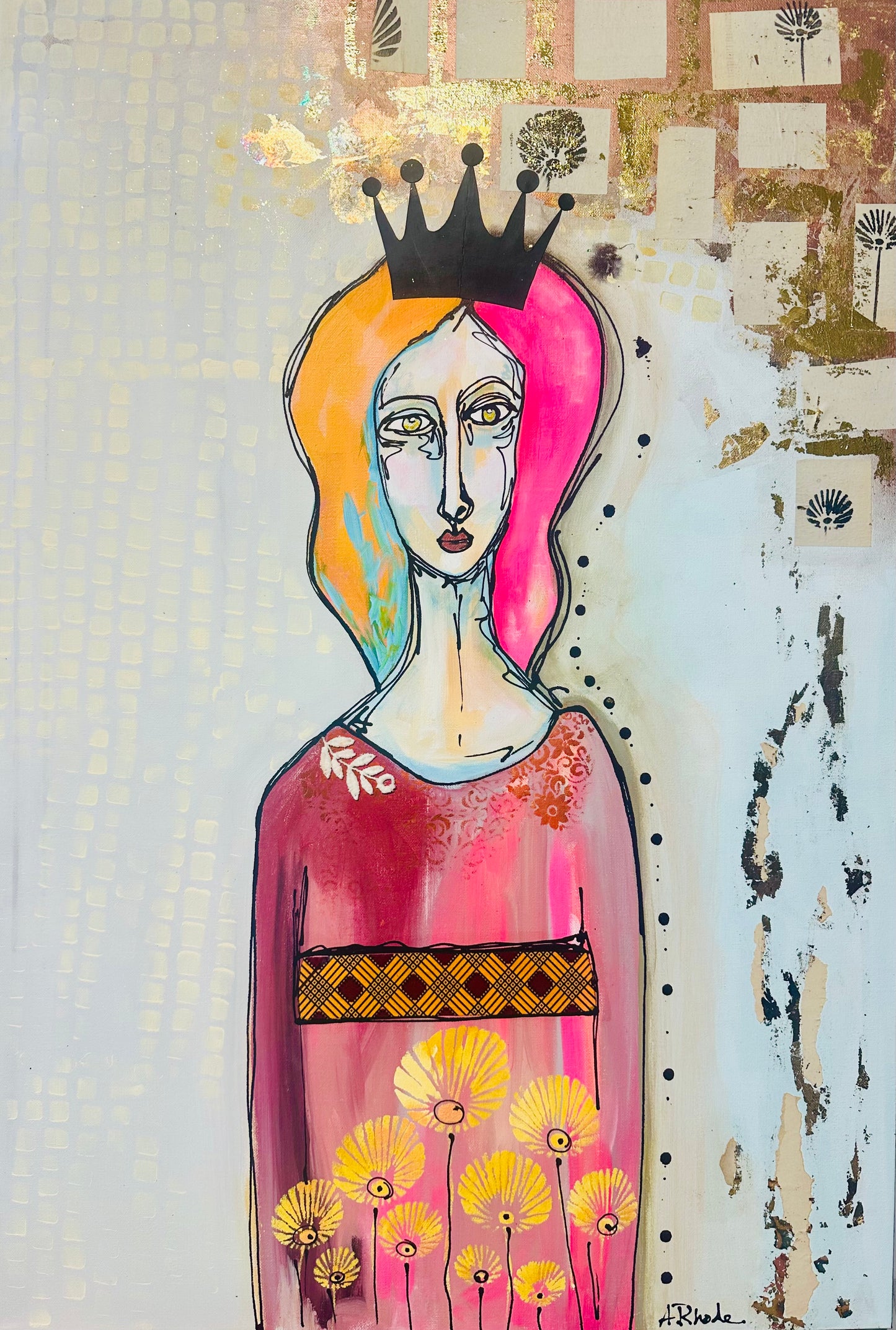 Original, signed painting-24x36” painted edge canvas: Abstract portrait w/ mixed media