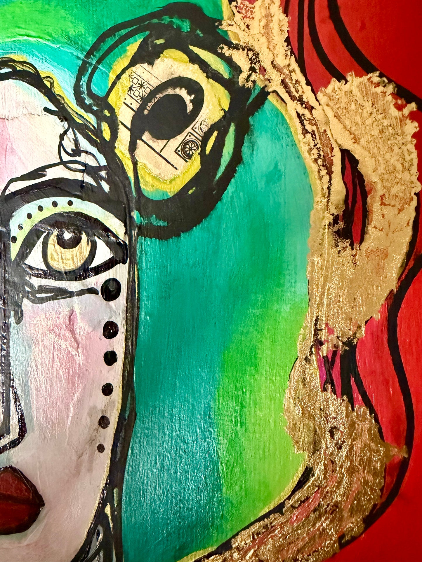 Original, signed painting on canvas  Abstract portrait w/mixed media - square 12x12”