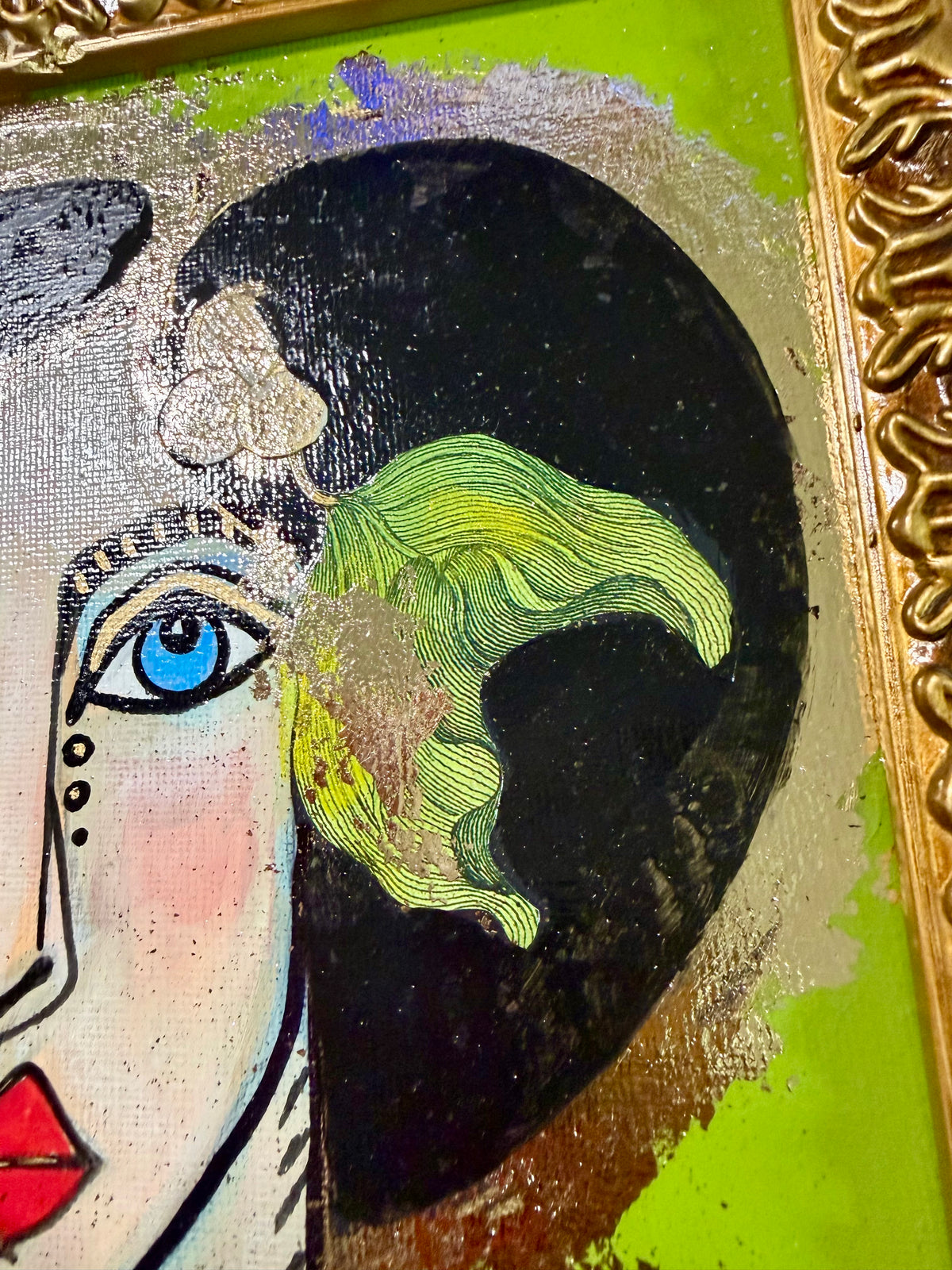 Original,signed painting-mixed media portrait on canvas board in gold frame 12x14”