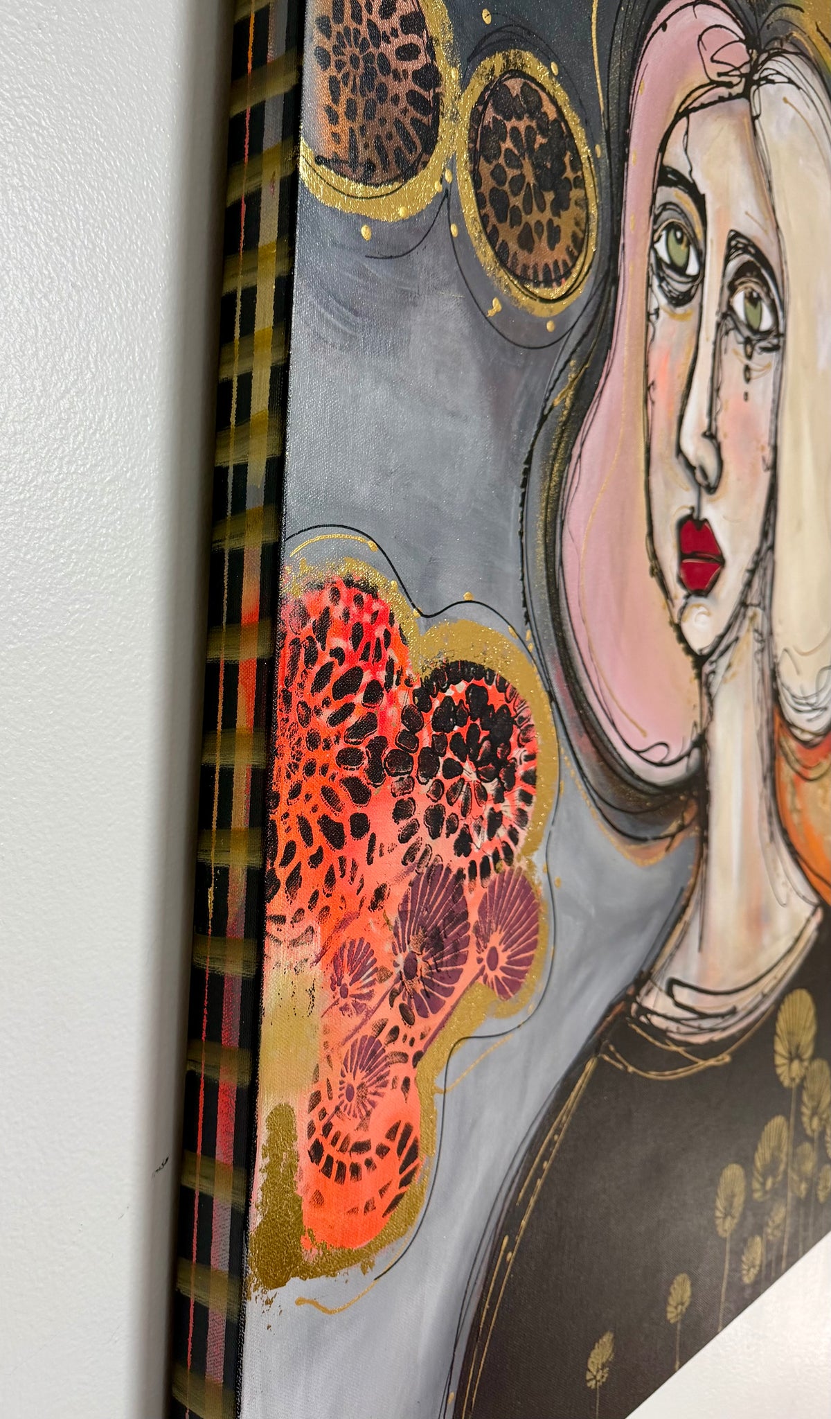 36x48 Original signed painting-wide gallery edge canvas Abstract portrait, acrylic w/mixed media & decorated edge