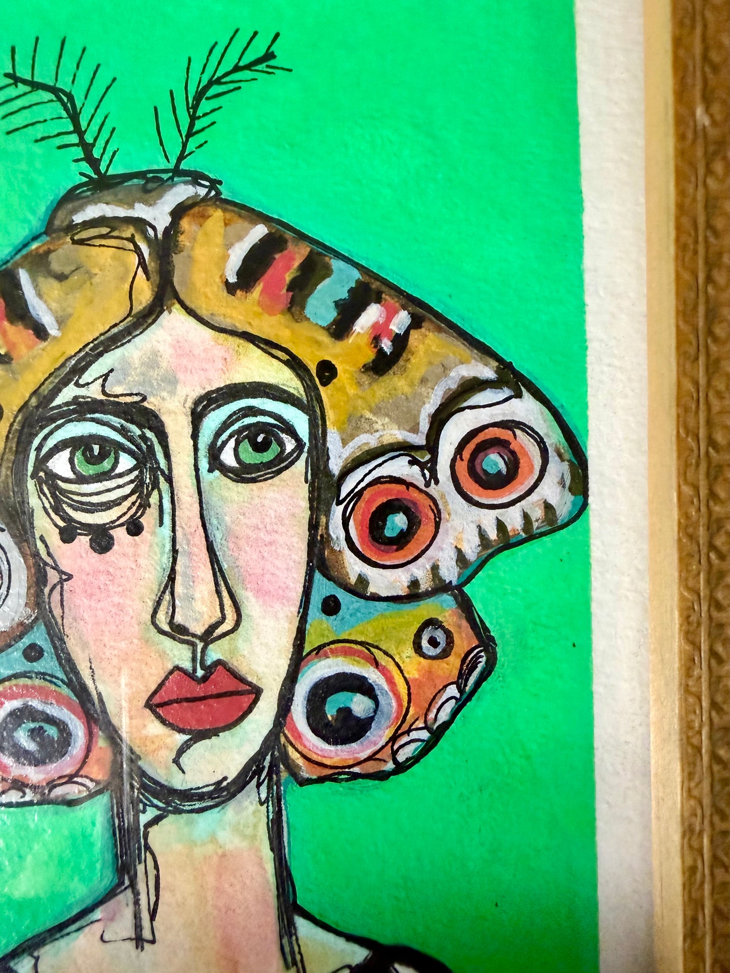 Original,signed painting & mixed media portrait on heavyweight archival paper/board in wood frame 8.5x10.5”
