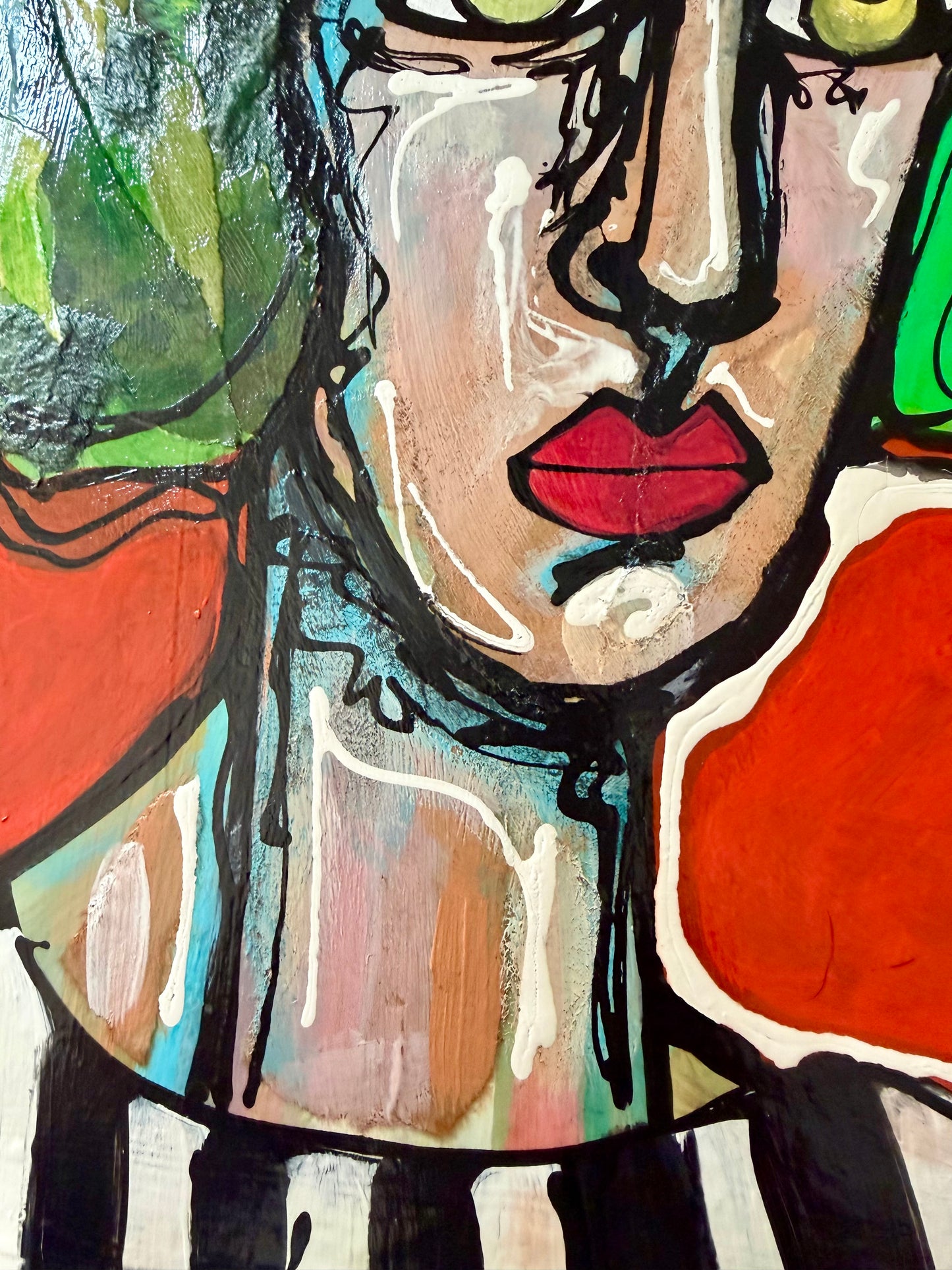Original, signed mixed media painting/collage on box-framed wood panel. Abstract portrait w/mixed media -11x14”