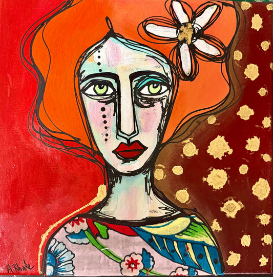 Original, signed painting on canvas  Abstract portrait w/mixed media - square 12x12”