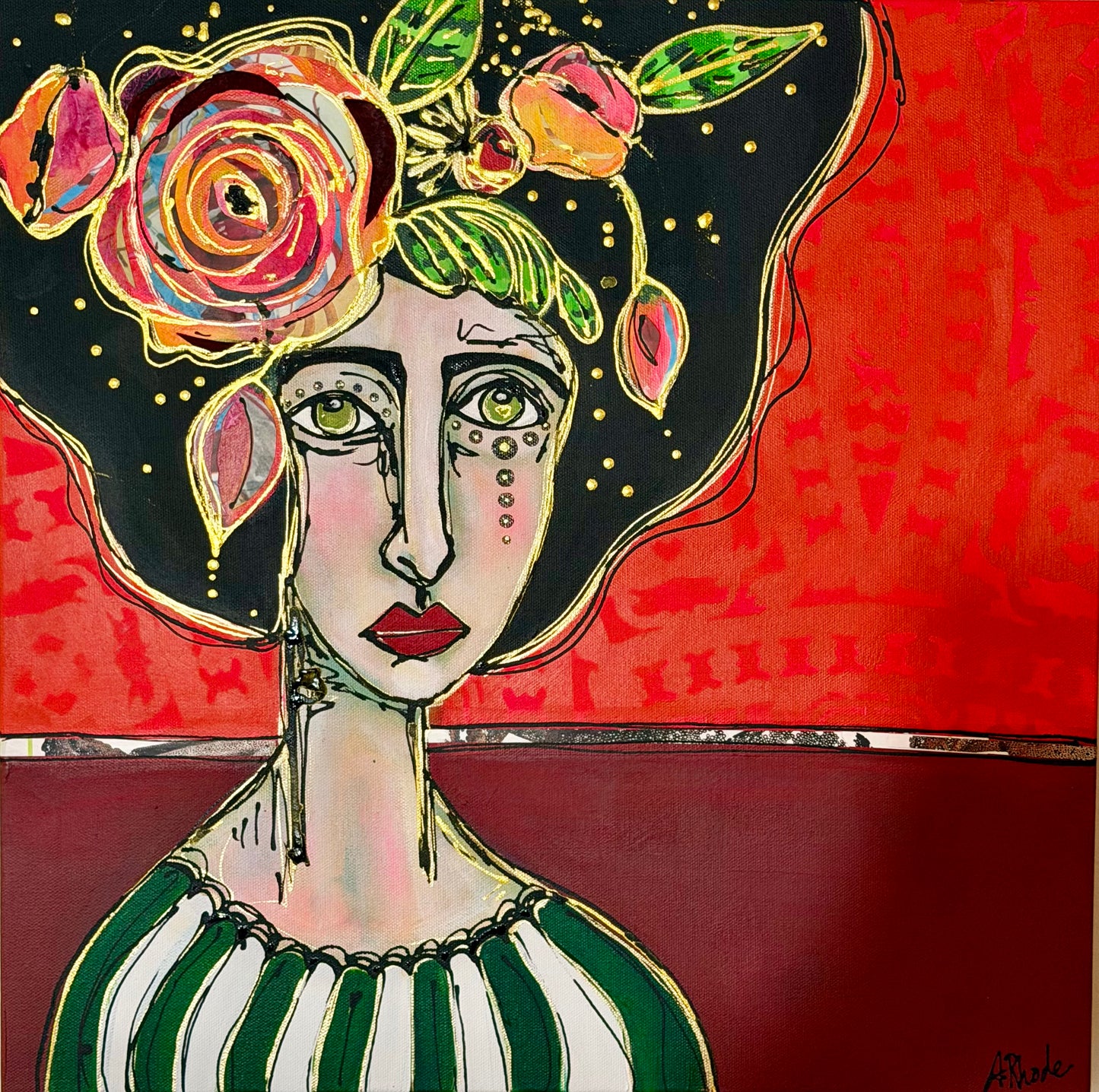 Original, signed painting-20x20”wide edge canvas: Abstract portrait with flowers/mixed media.