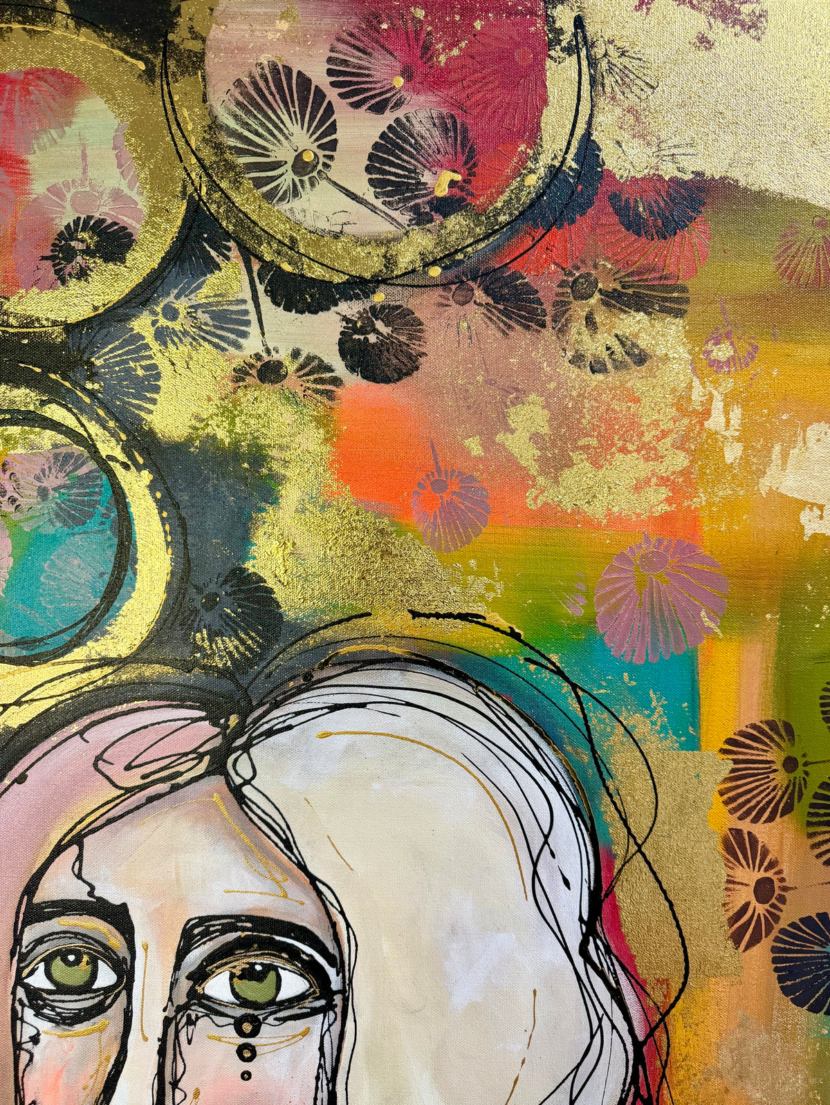 36x48 Original signed painting-wide gallery edge canvas Abstract portrait, acrylic w/mixed media & decorated edge