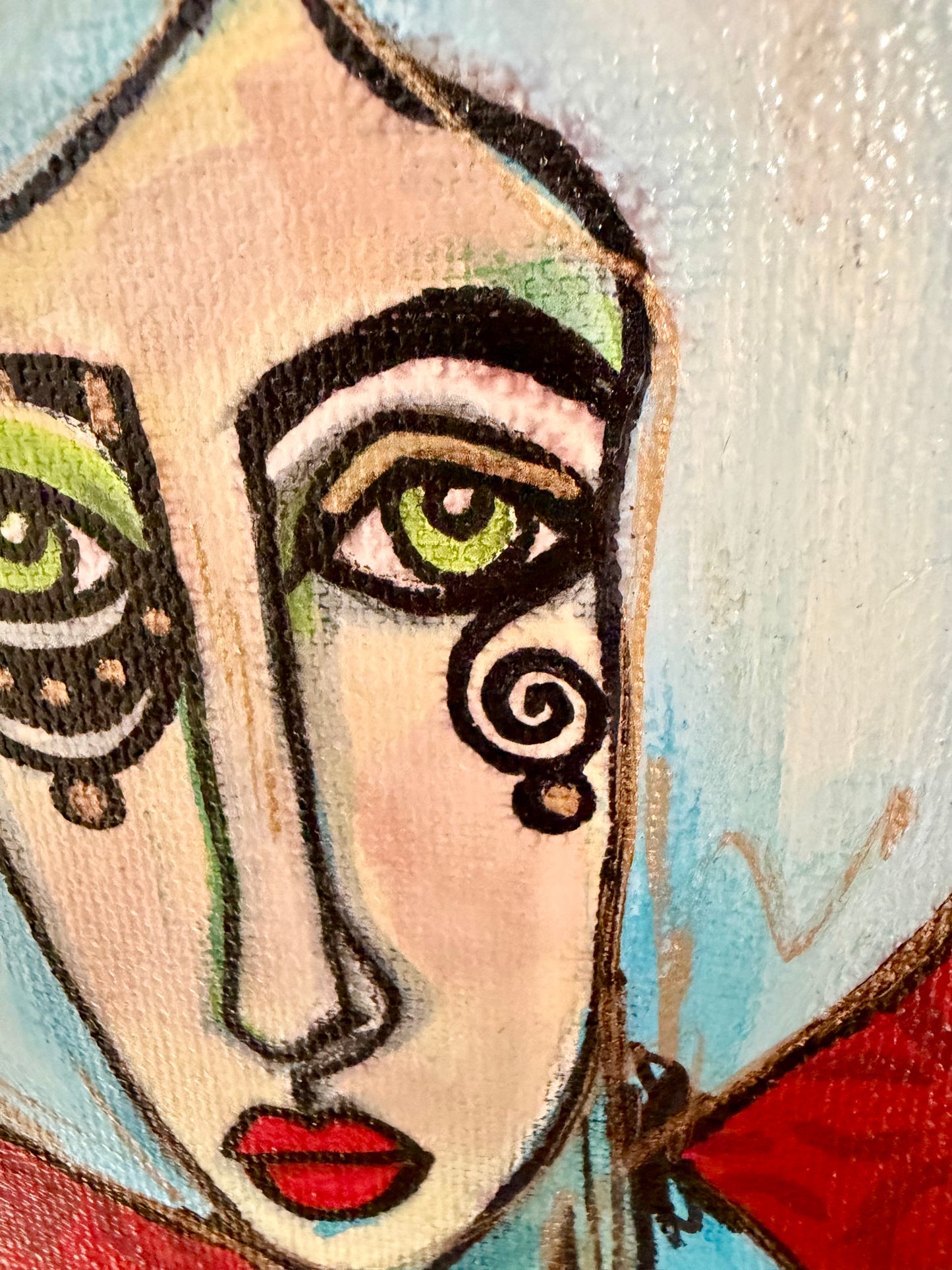 Original, signed mini /slender painting on canvas  Abstract portrait w/mixed media 4x12”