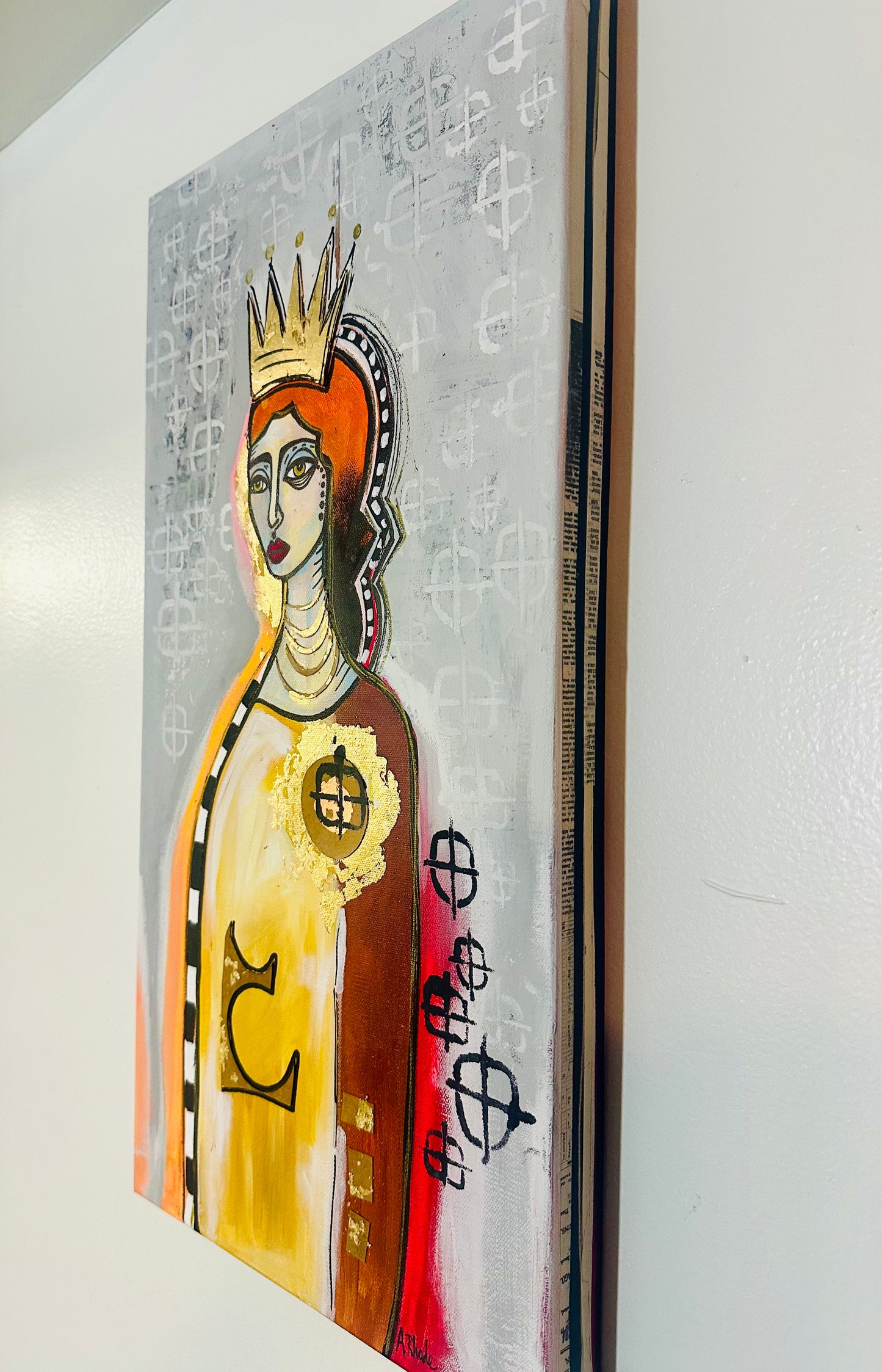 Original, signed painting-12x24” wide collage edge canvas: Abstract portrait w/ mixed media