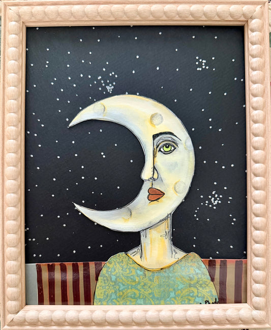 Original,signed small painting/mixed media collage portrait on board in simple frame 9x11 (Copy)