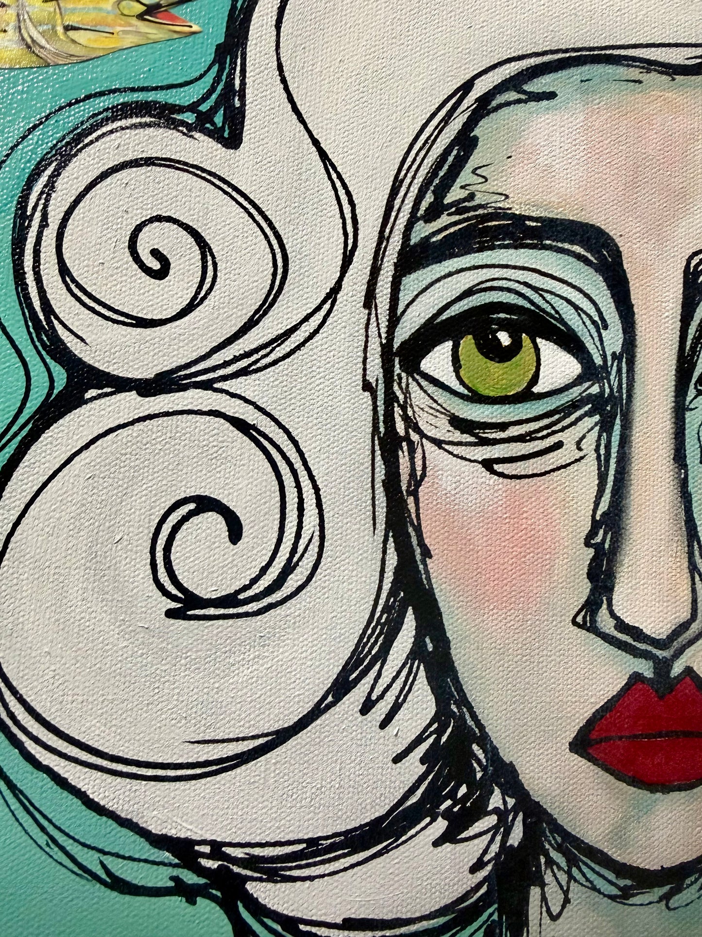 Original, signed painting-18x24”painted, wide edge canvas: Abstract portrait with mixed media collage