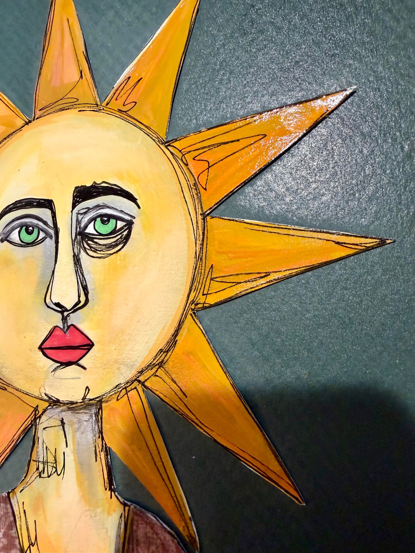 Original,signed small painting/mixed media collage portrait on board in simple frame 9x11