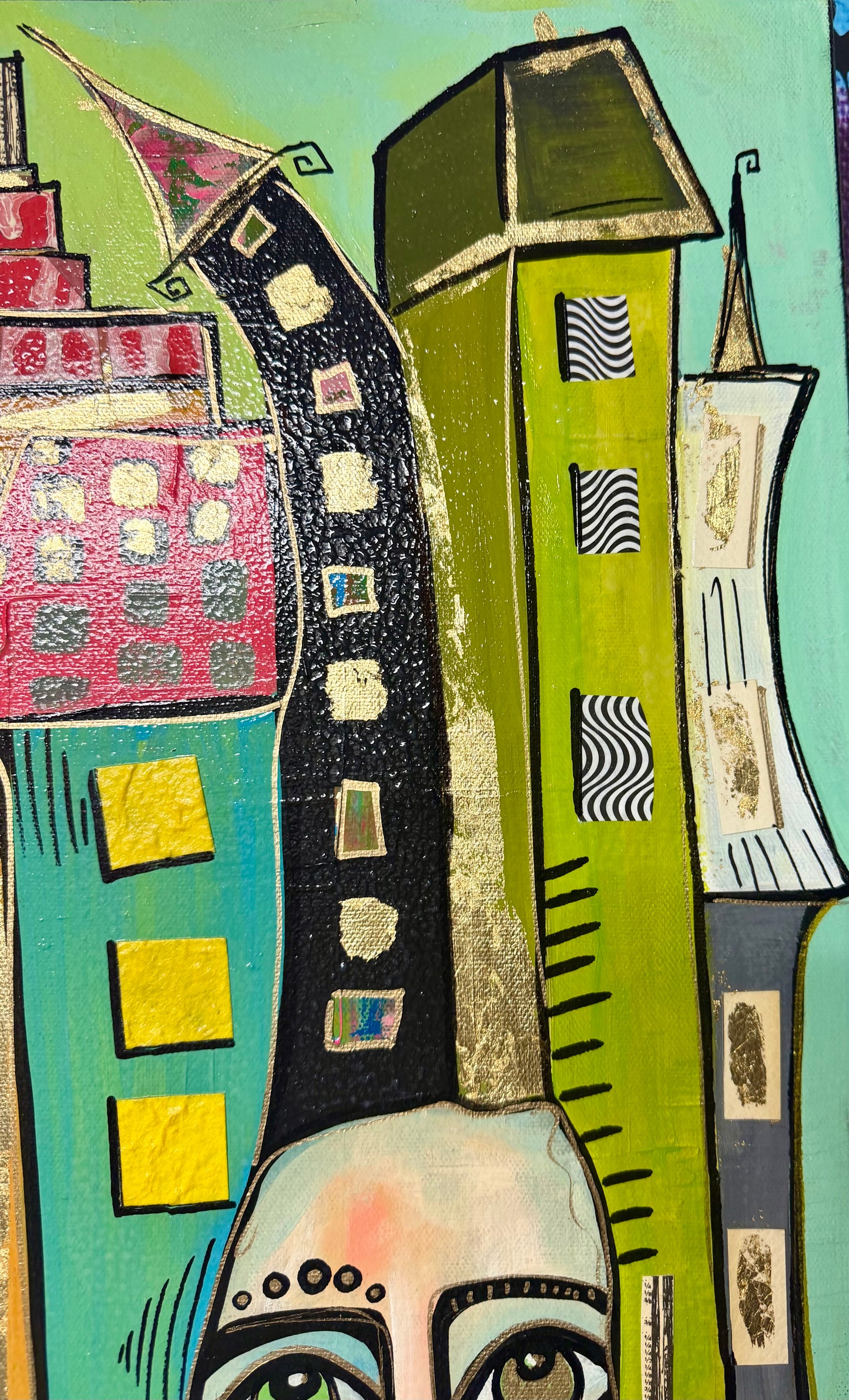 10x30” Original signed painting on painted edge canvas. Tall Abstract portrait, acrylic w/collage cityscape