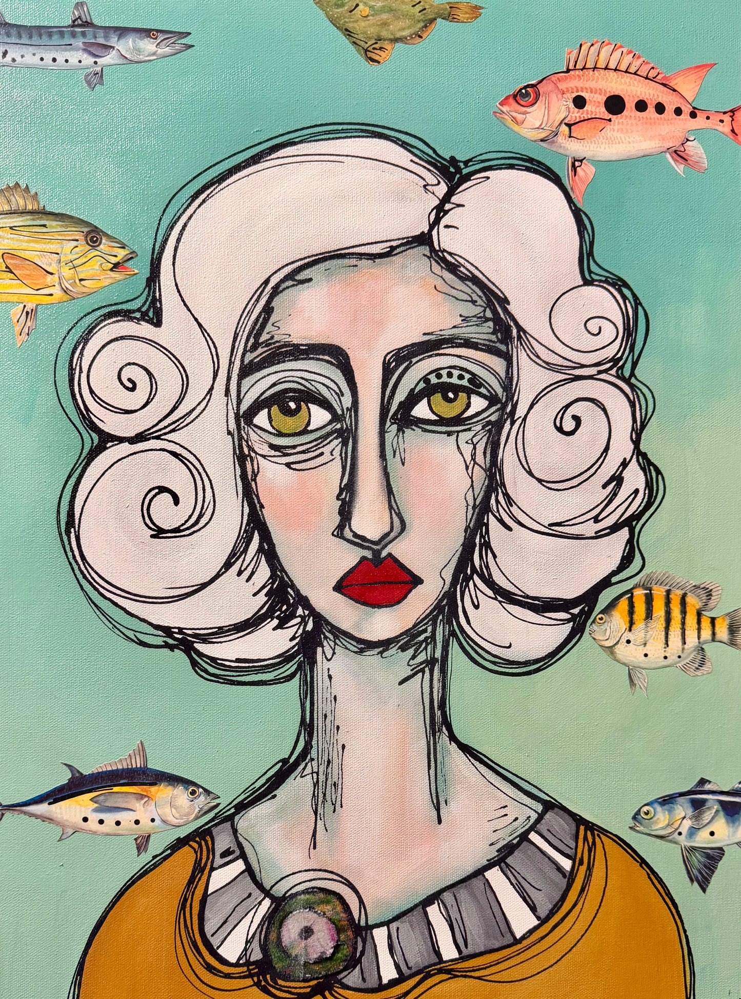 Original, signed painting-18x24”painted, wide edge canvas: Abstract portrait with mixed media collage