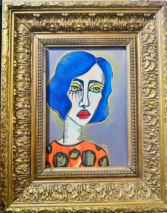 Original painting on canvas board in vintage frame, 15x19” Abstract portrait w/mixed media.