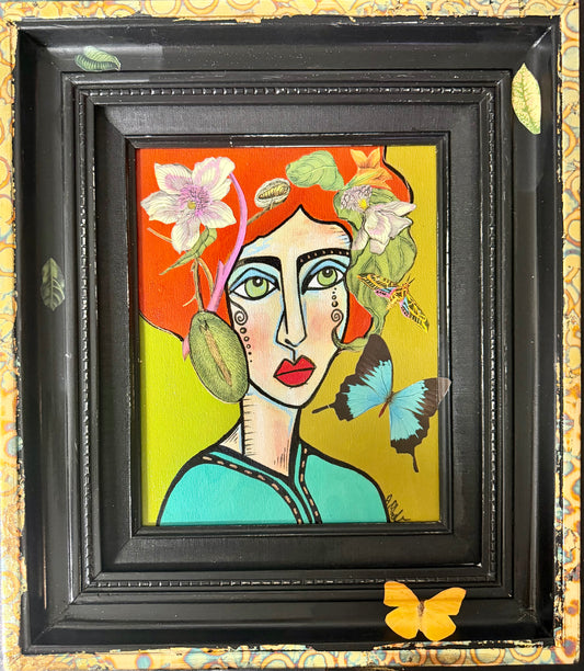 Original,signed painting-mixed media portrait on canvas board in black frame 14x16