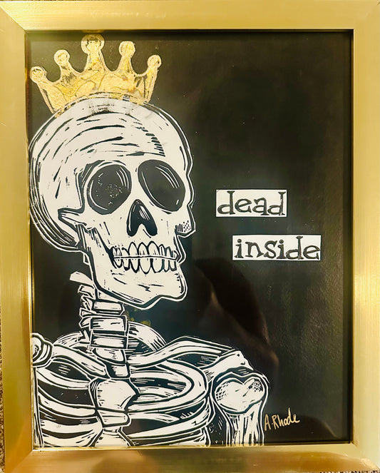 Original, hand-carved & pulled linocut Skelly King block print w/painted & collaged background-in gold frame 13x16