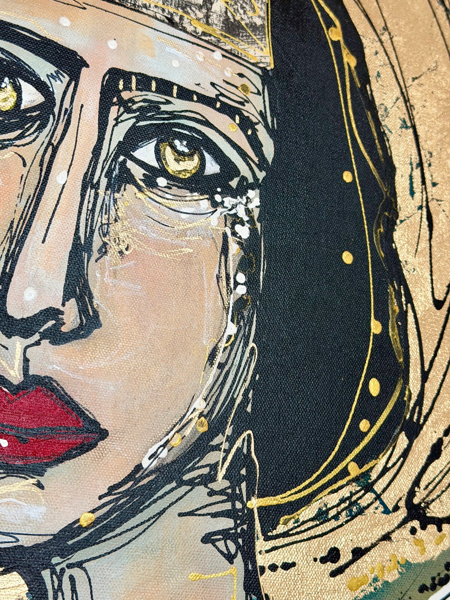 48x60” Original signed painting-wide gallery edge canvas Abstract contour queen portrait w/ mixed media