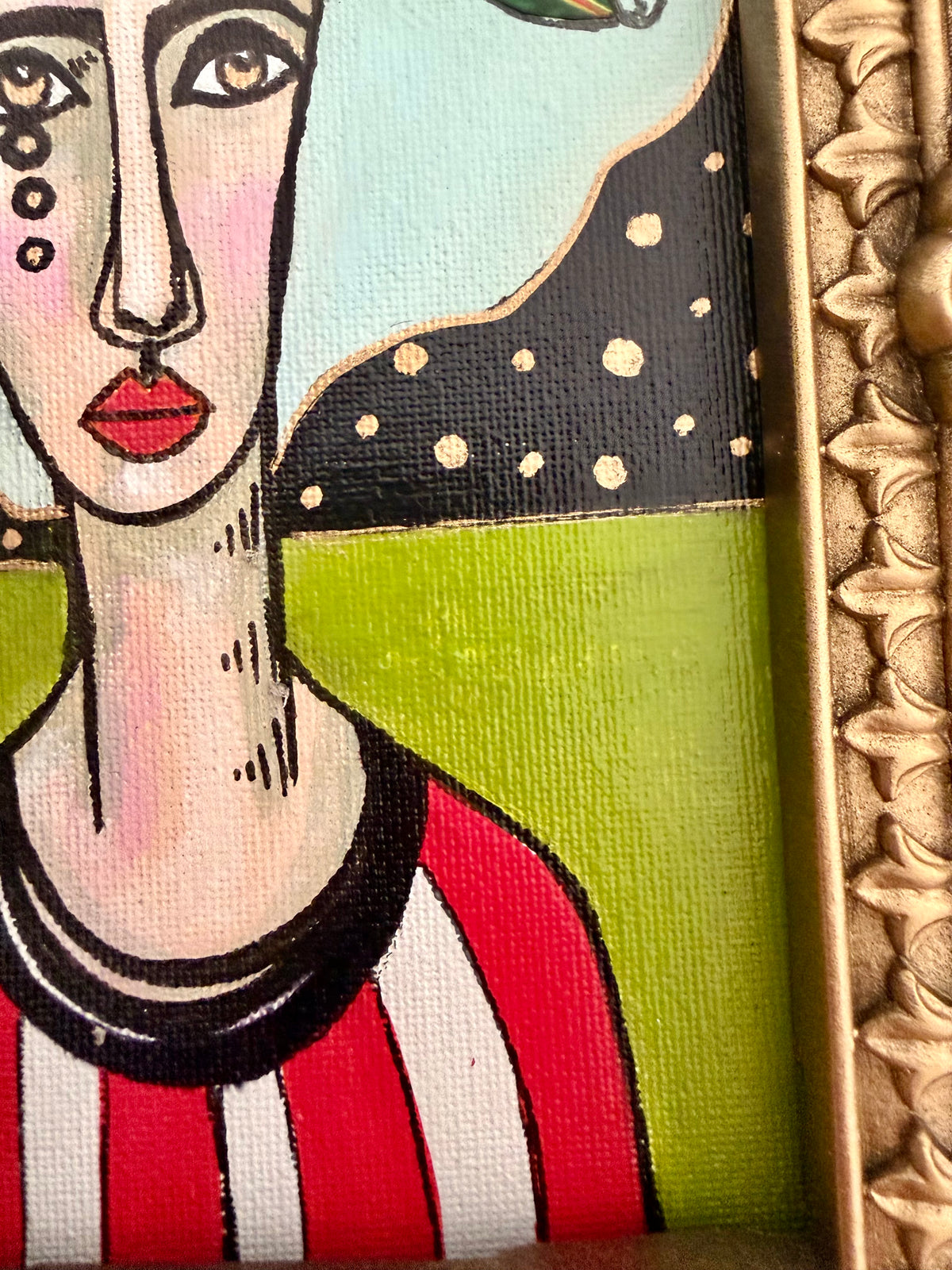 Original,signed painting-mixed media portrait on canvas in gold frame 10x12