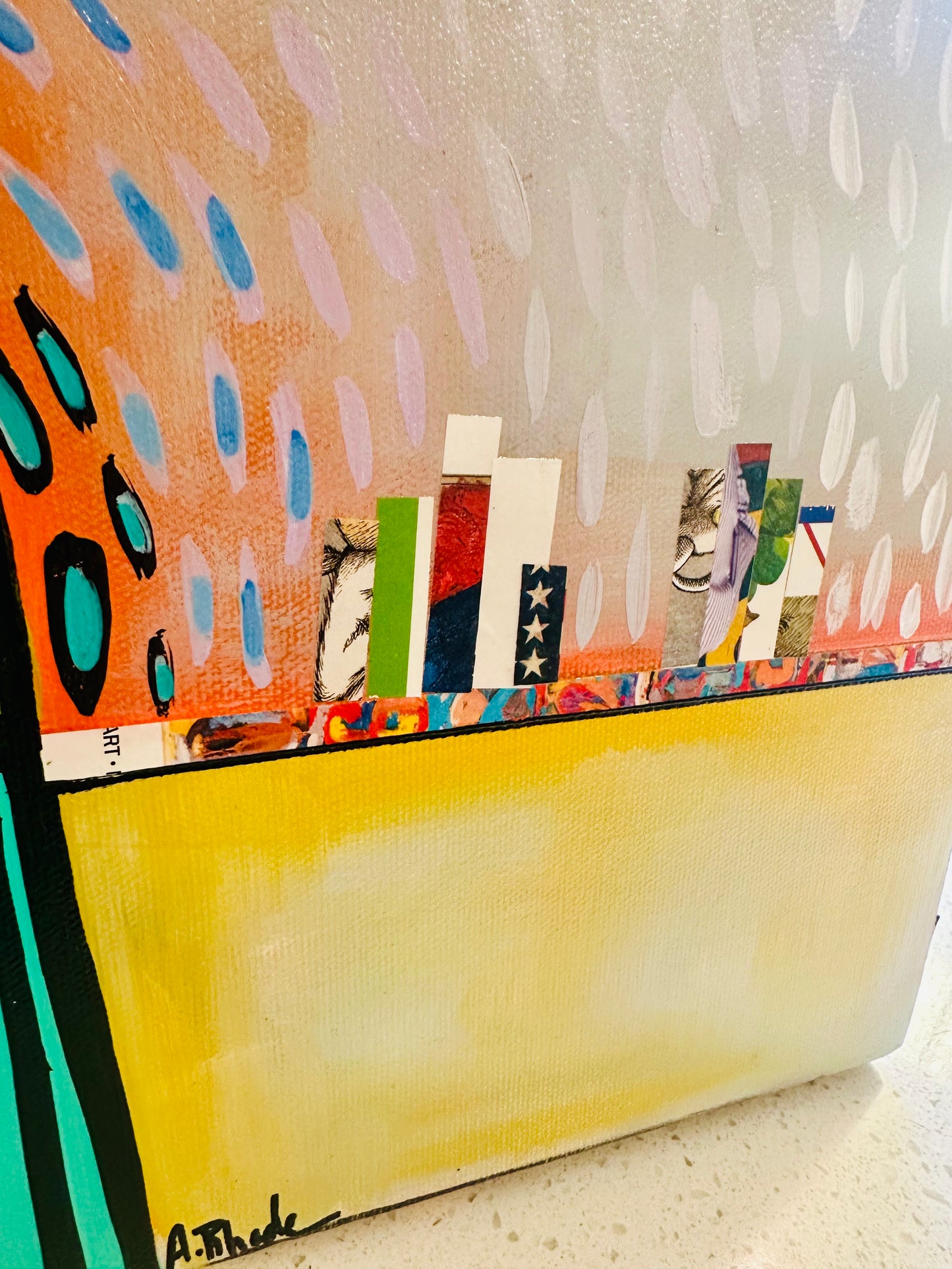 Original, signed painting-18x18” wide collage edge canvas: Abstract portrait w/ mixed media