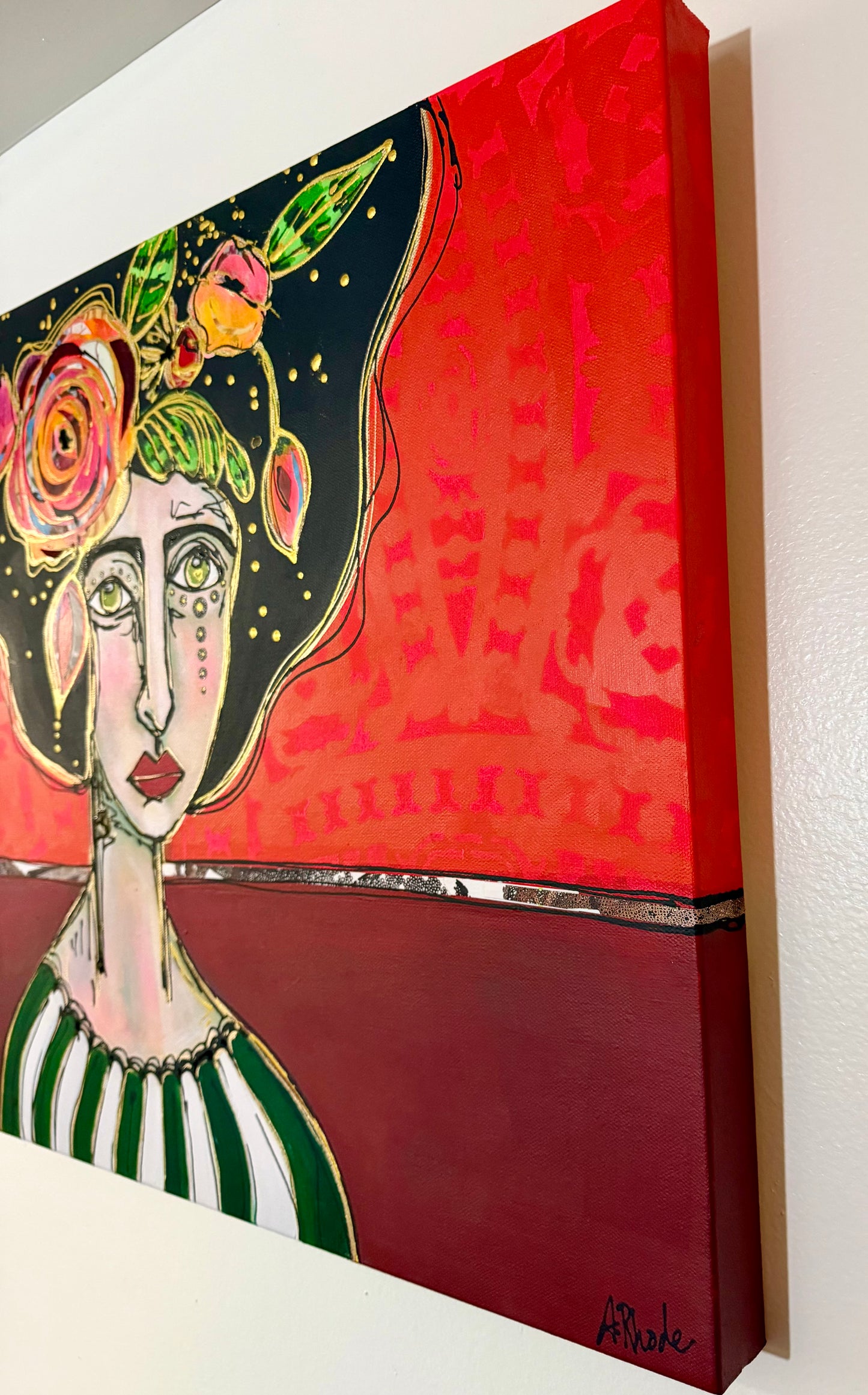 Original, signed painting-20x20”wide edge canvas: Abstract portrait with flowers/mixed media.