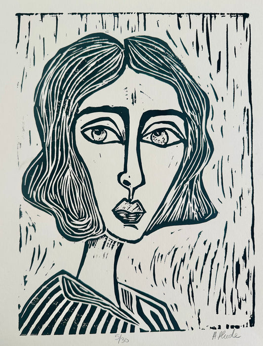 Original, hand-carved & pulled linocut block print - Unframed, 11x14 print or 13x16 framed - Abstract  Portrait.